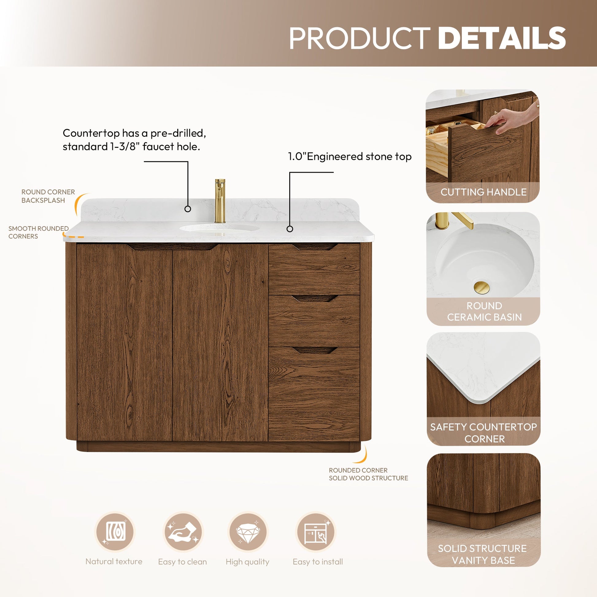 Abuja 48" Free-standing Single Bath Vanity in Oak Weathered Brown with White Grain Stone Top