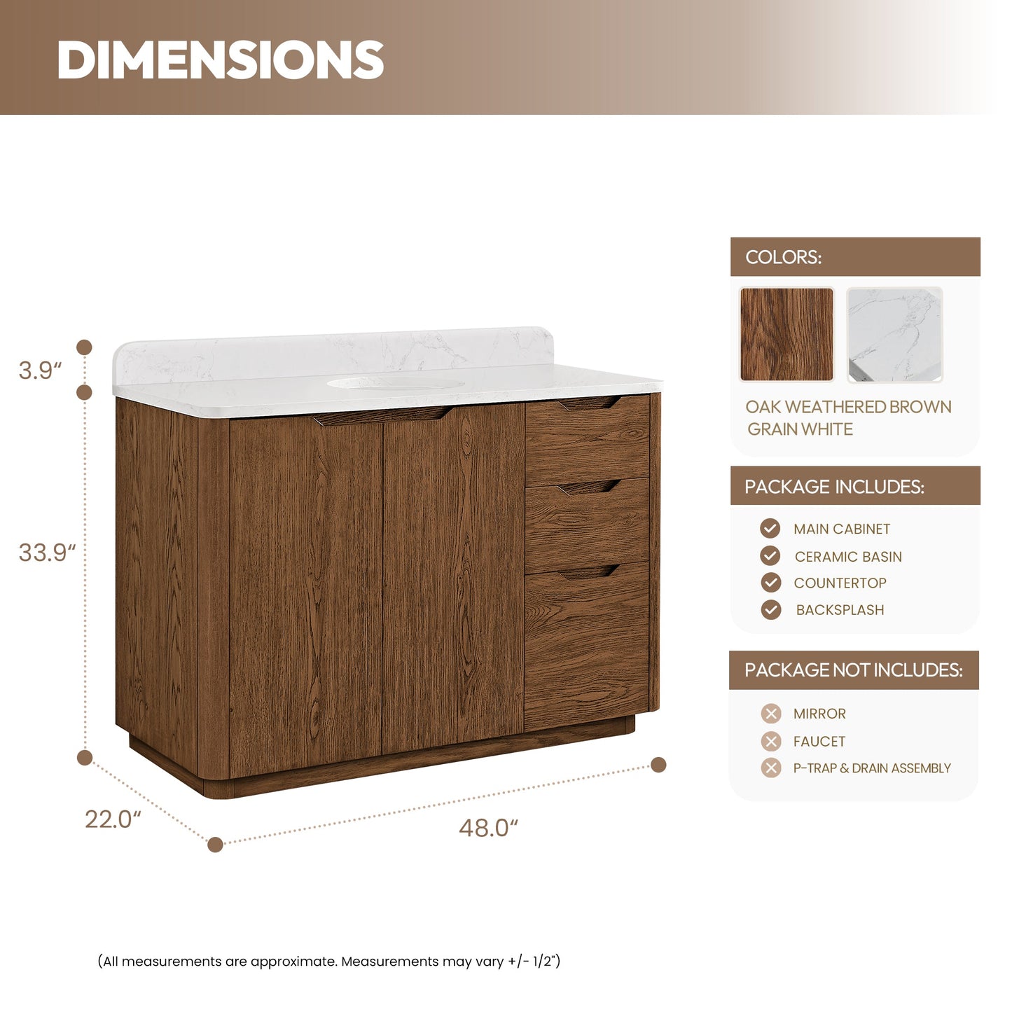 Abuja 48" Free-standing Single Bath Vanity in Oak Weathered Brown with White Grain Stone Top