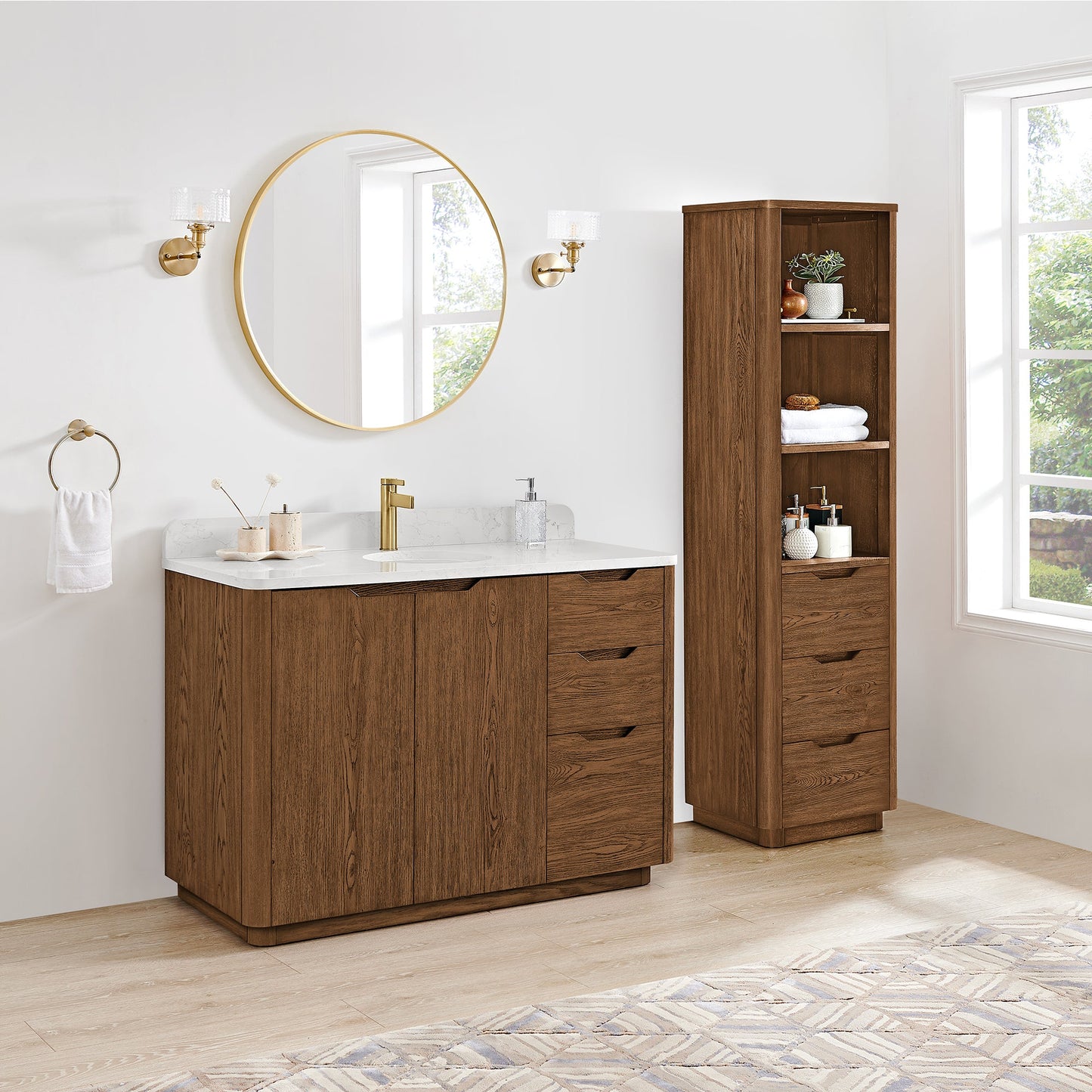 Abuja 48" Free-standing Single Bath Vanity in Oak Weathered Brown with White Grain Stone Top