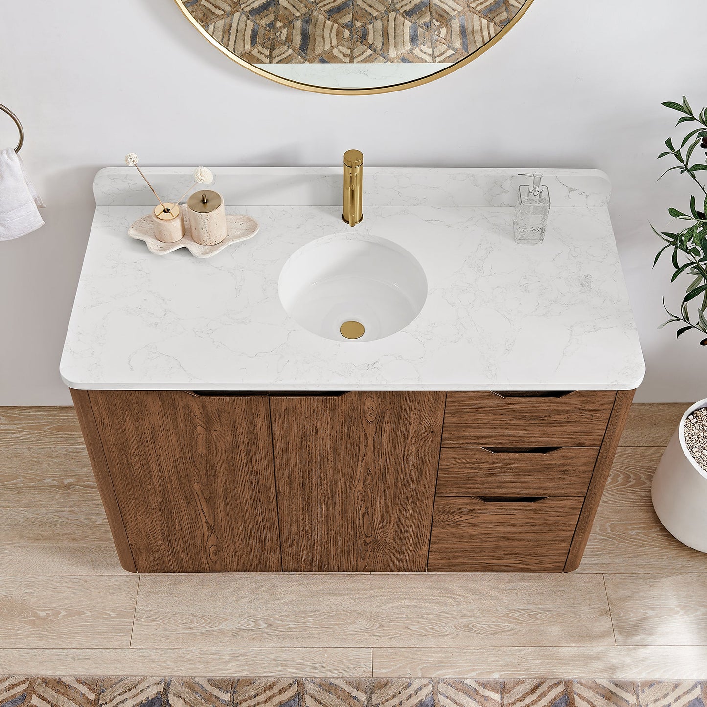 Abuja 48" Free-standing Single Bath Vanity in Oak Weathered Brown with White Grain Stone Top