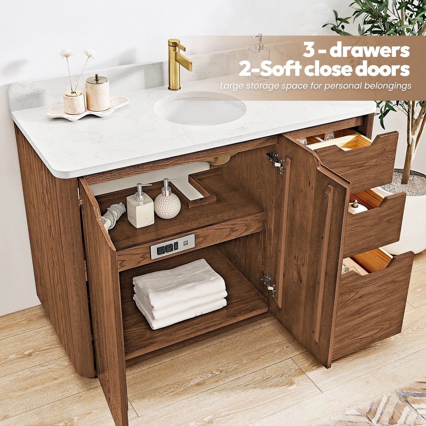 Abuja 48" Free-standing Single Bath Vanity in Oak Weathered Brown with White Grain Stone Top