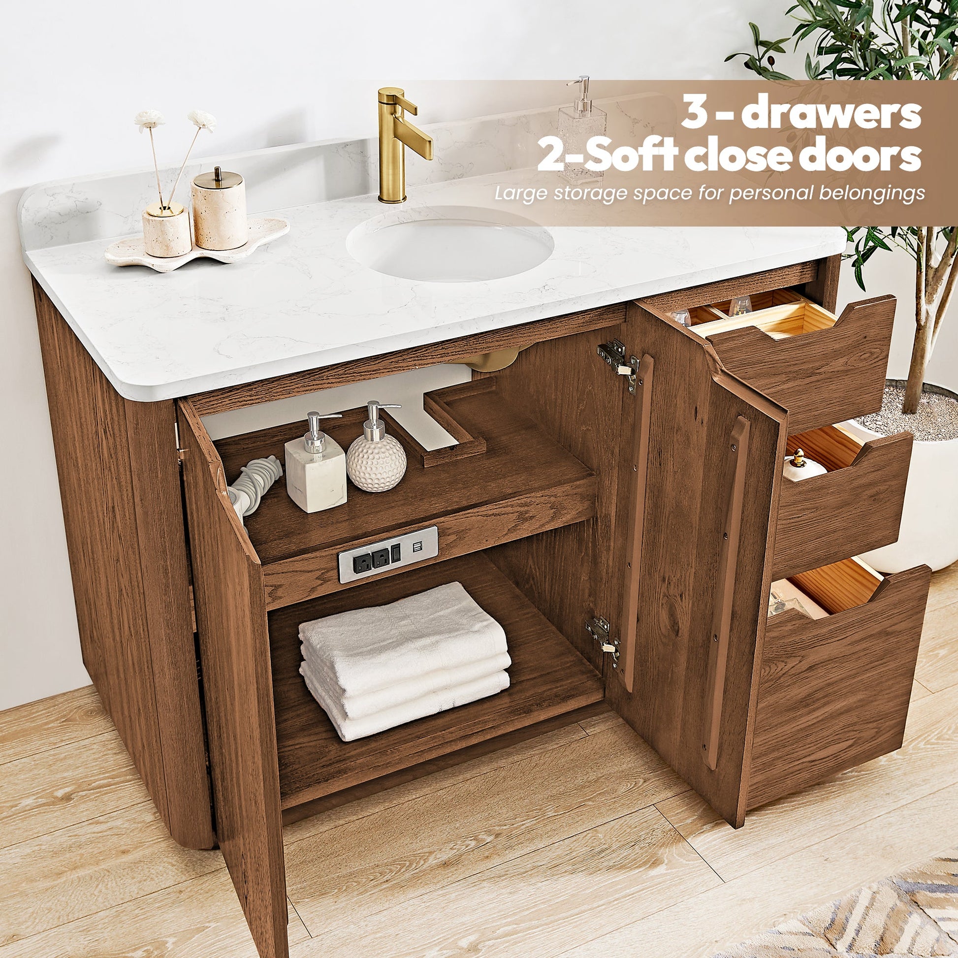 Abuja 48" Free-standing Single Bath Vanity in Oak Weathered Brown with White Grain Stone Top