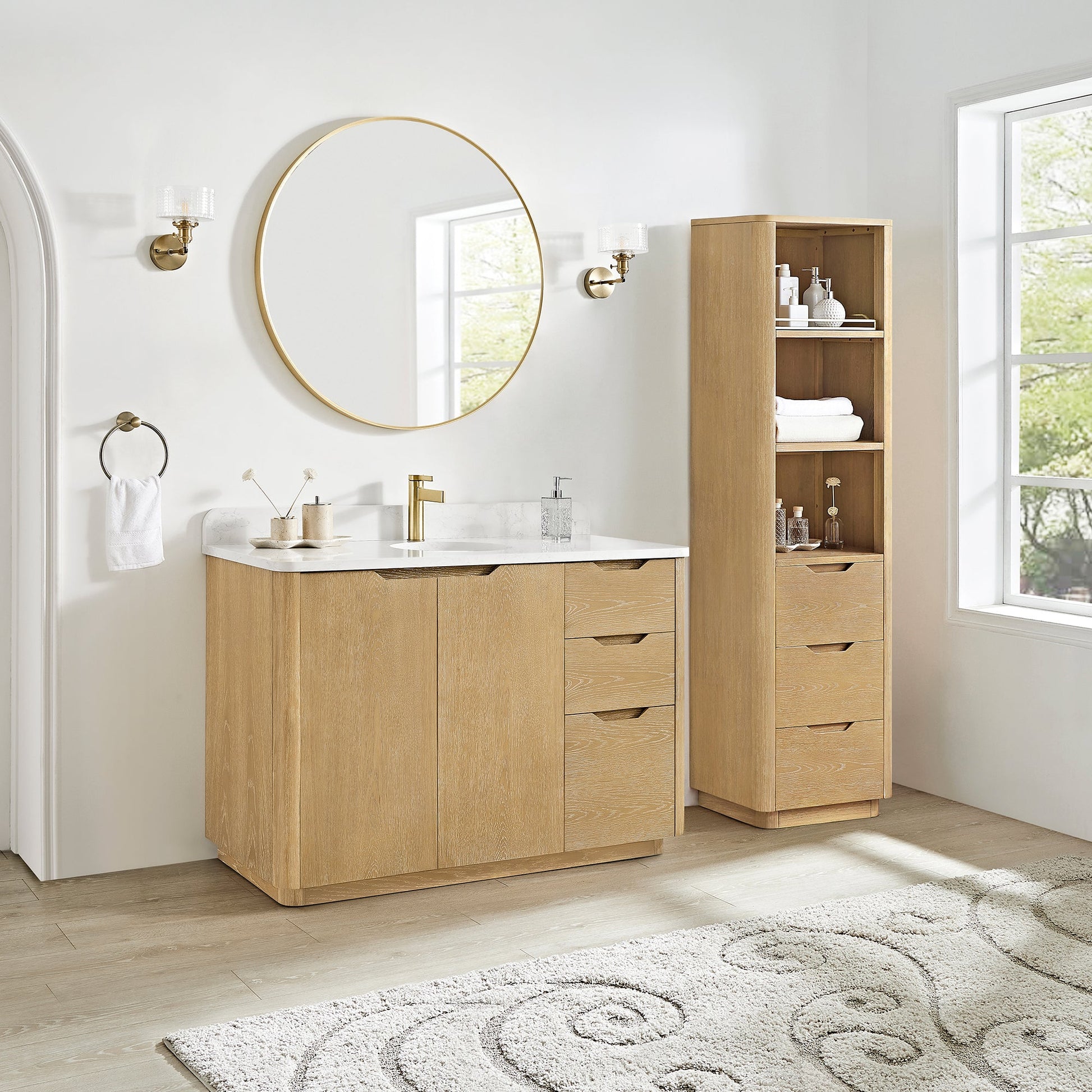 Abuja 48" Free-standing Single Bath Vanity in Washed Ash Grey with White Grain Stone Top