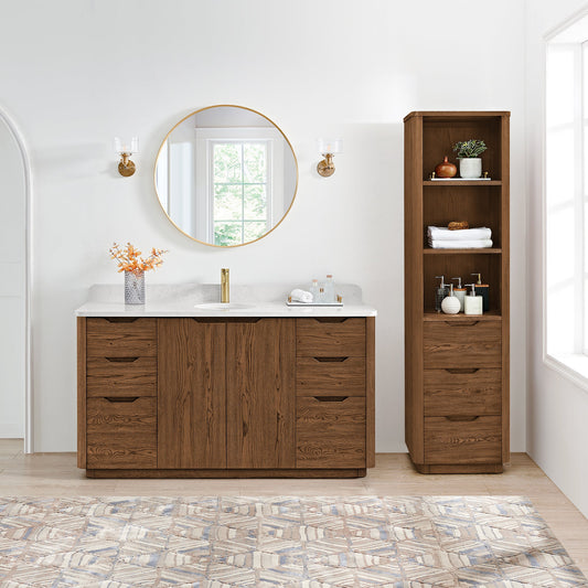 Abuja 60" Free-standing Single Bath Vanity in Oak Weathered Brown with White Grain Stone Top