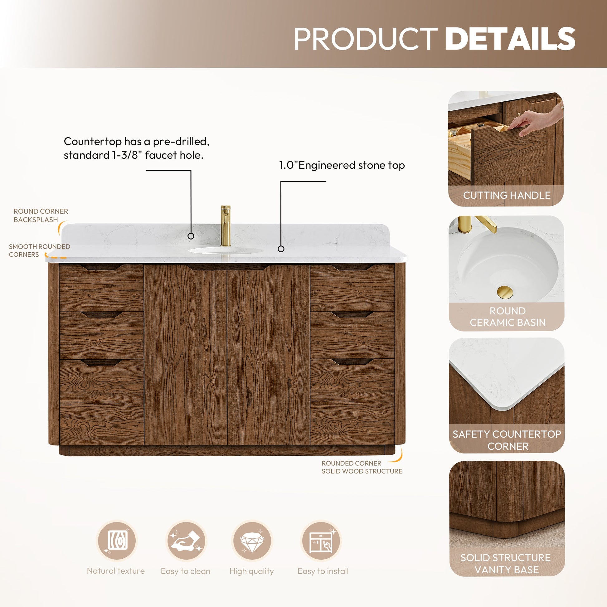 Abuja 60" Free-standing Single Bath Vanity in Oak Weathered Brown with White Grain Stone Top