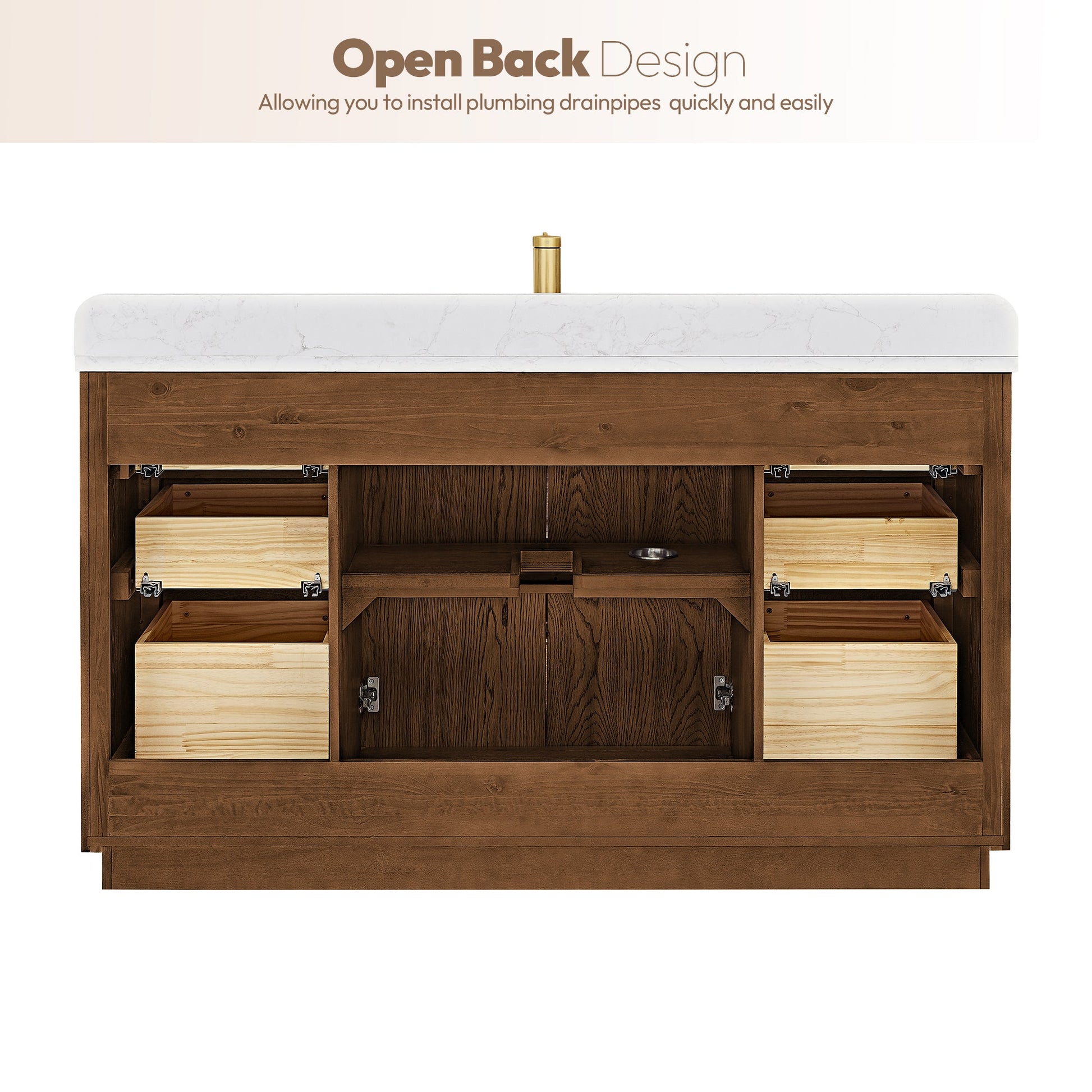 Abuja 60" Free-standing Single Bath Vanity in Oak Weathered Brown with White Grain Stone Top