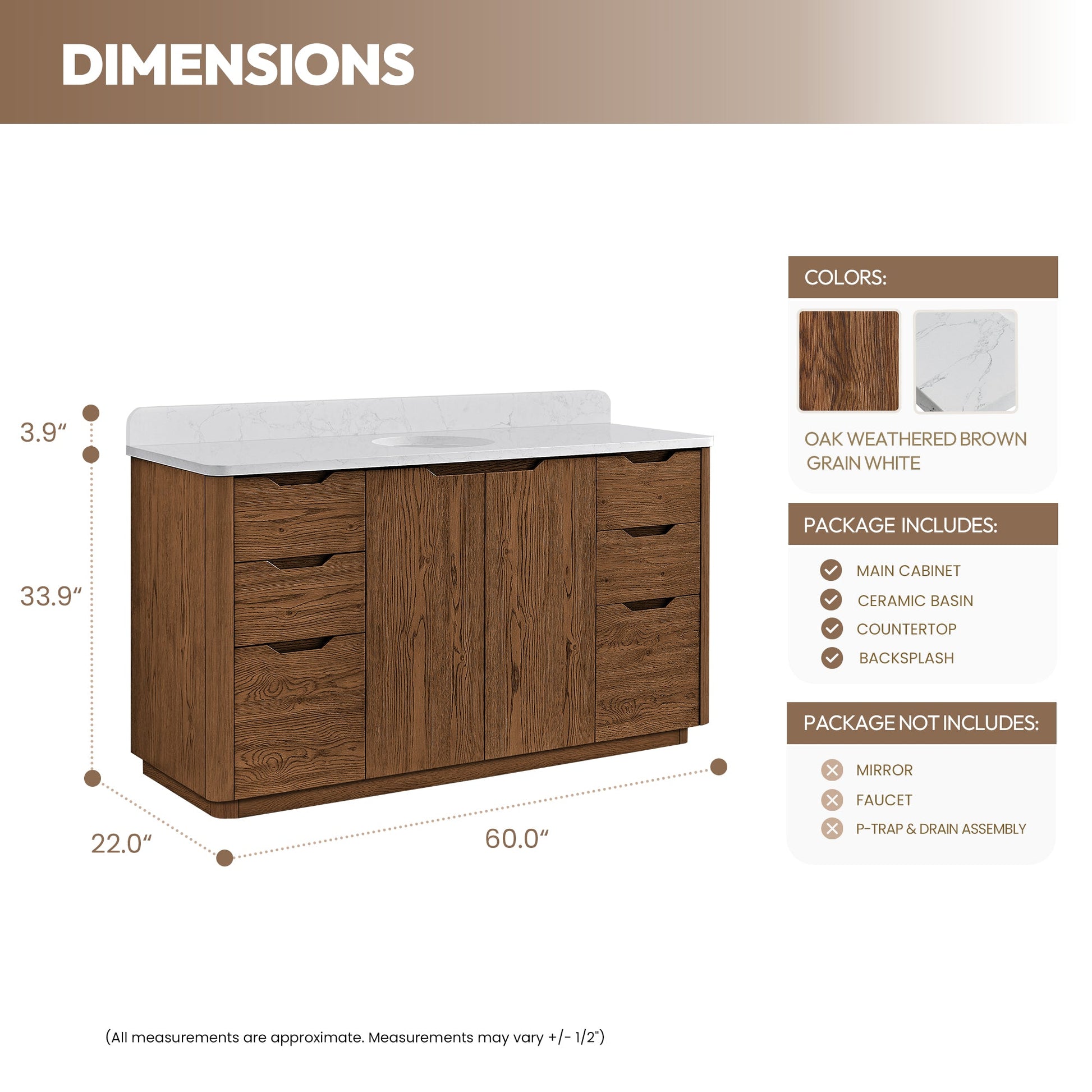 Abuja 60" Free-standing Single Bath Vanity in Oak Weathered Brown with White Grain Stone Top