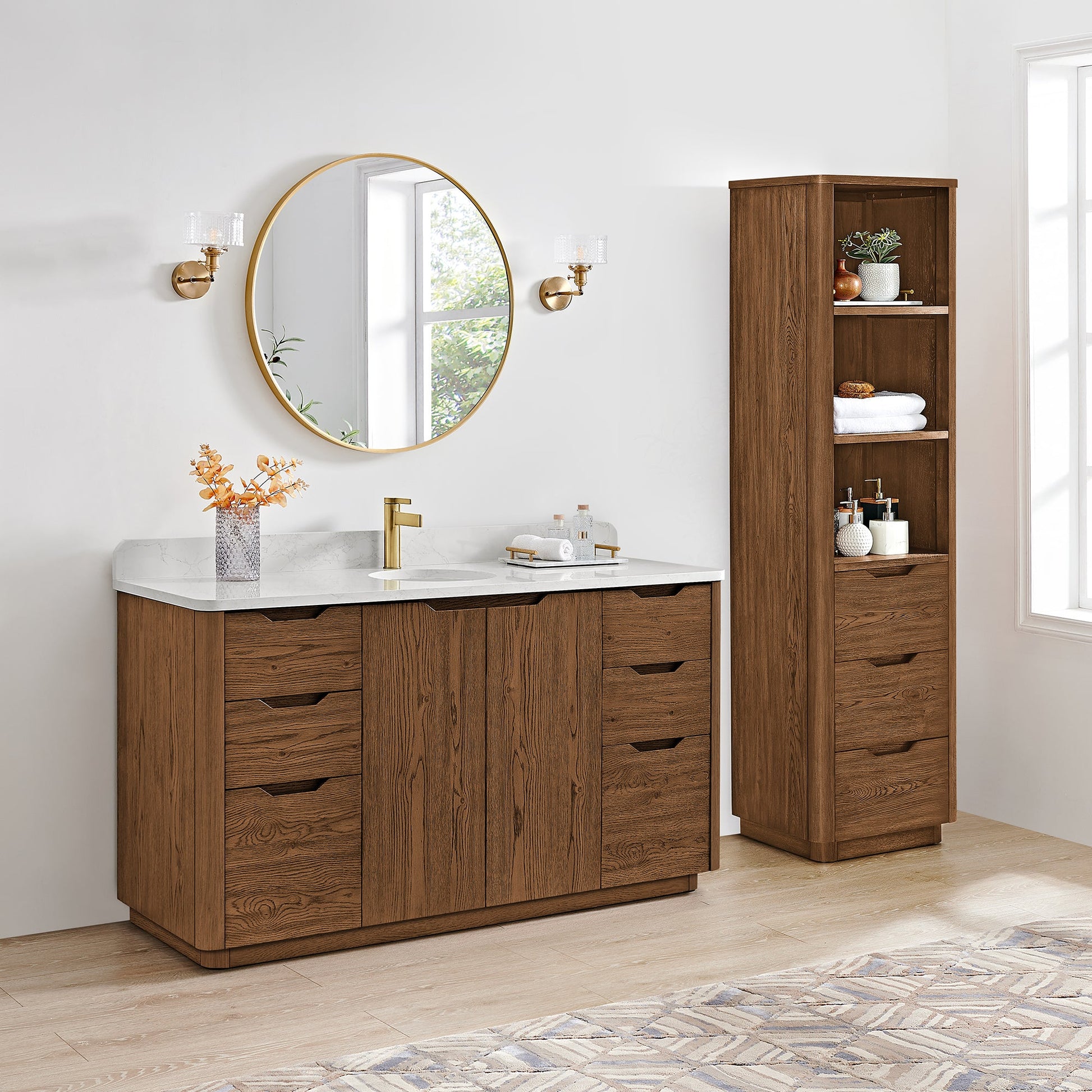Abuja 60" Free-standing Single Bath Vanity in Oak Weathered Brown with White Grain Stone Top