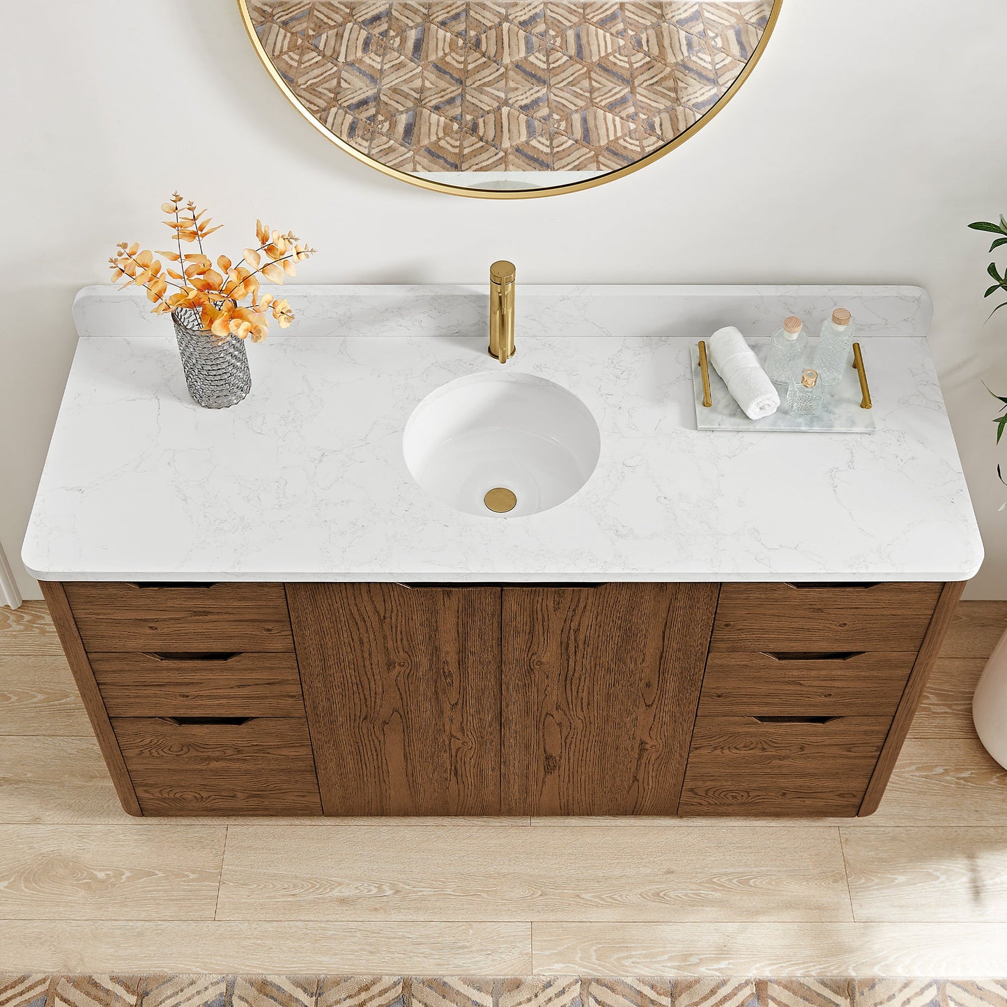 Abuja 60" Free-standing Single Bath Vanity in Oak Weathered Brown with White Grain Stone Top