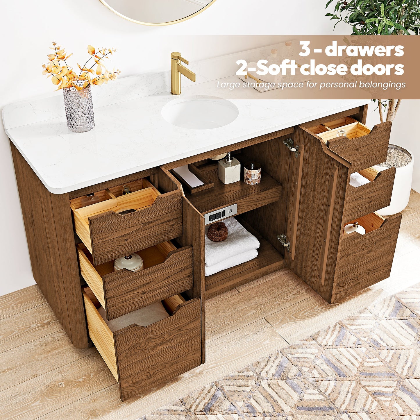 Abuja 60" Free-standing Single Bath Vanity in Oak Weathered Brown with White Grain Stone Top