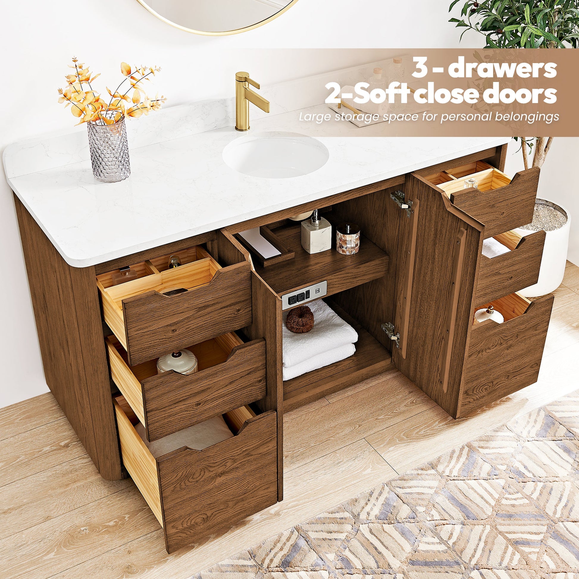 Abuja 60" Free-standing Single Bath Vanity in Oak Weathered Brown with White Grain Stone Top