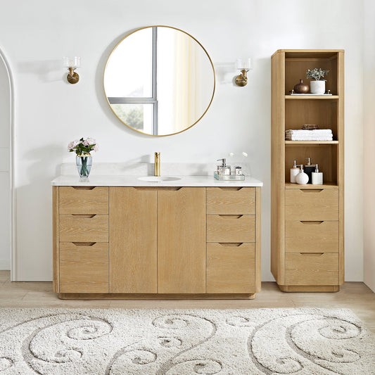 Abuja 60" Free-standing Single Bath Vanity in Washed Ash Grey with White Grain Stone Top