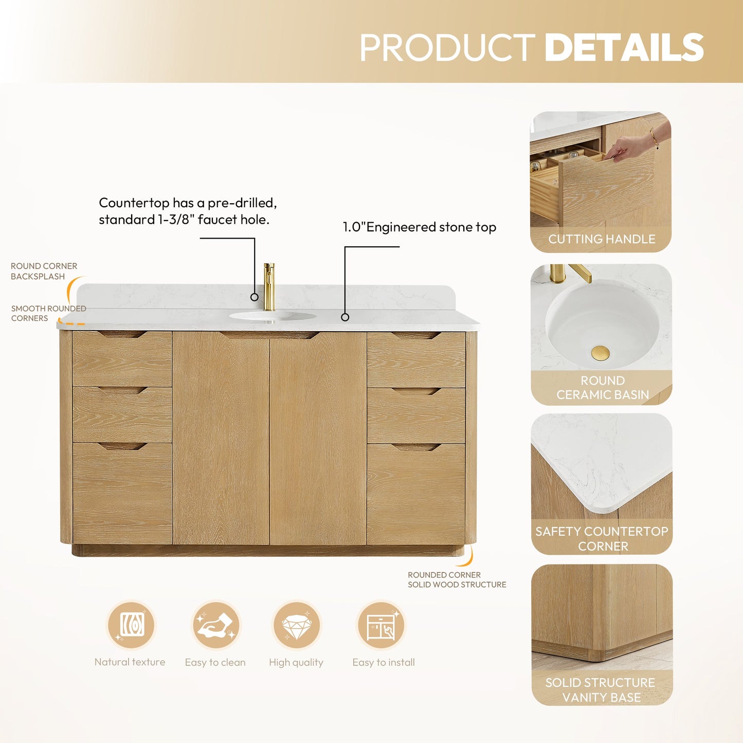 Abuja 60" Free-standing Single Bath Vanity in Washed Ash Grey with White Grain Stone Top