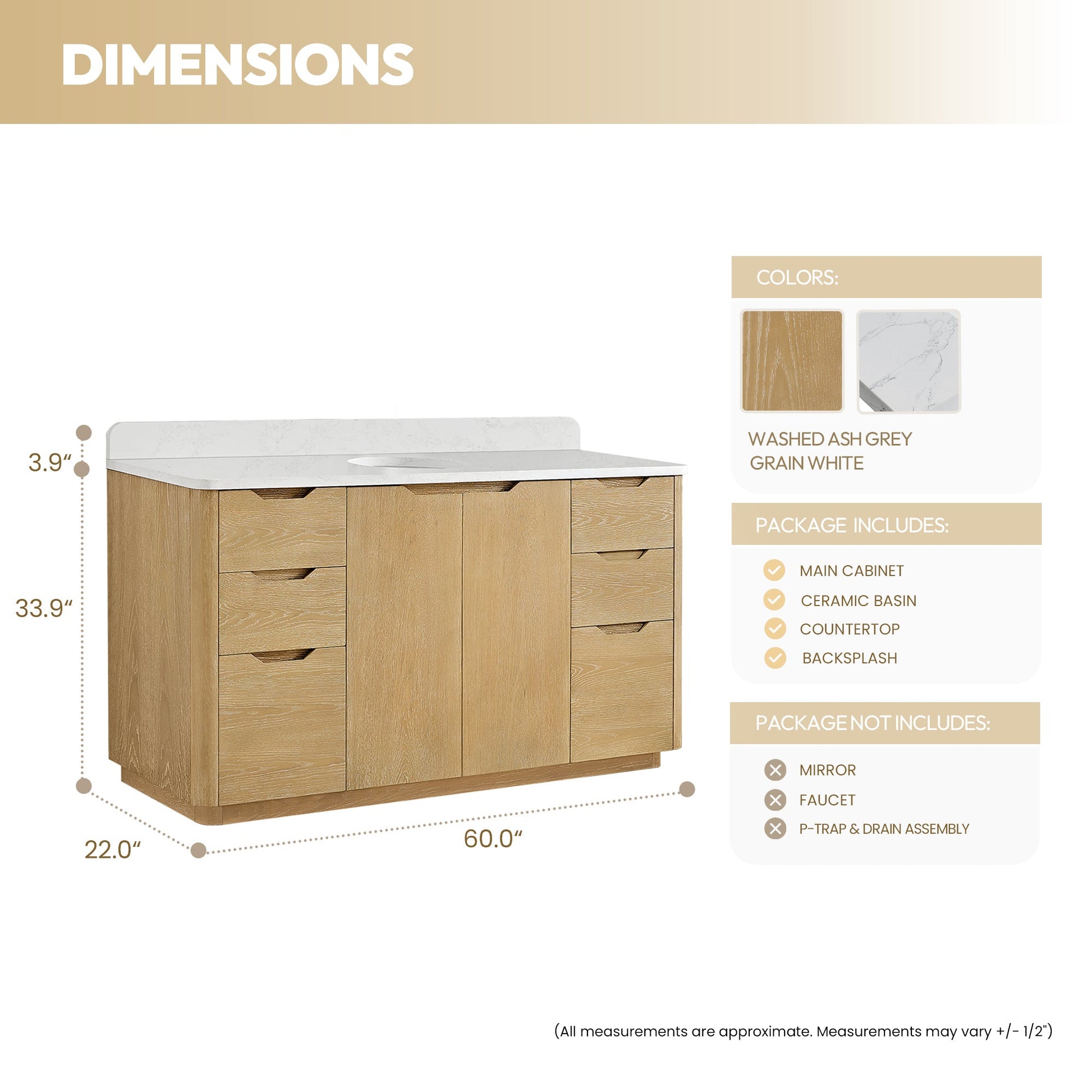 Abuja 60" Free-standing Single Bath Vanity in Washed Ash Grey with White Grain Stone Top