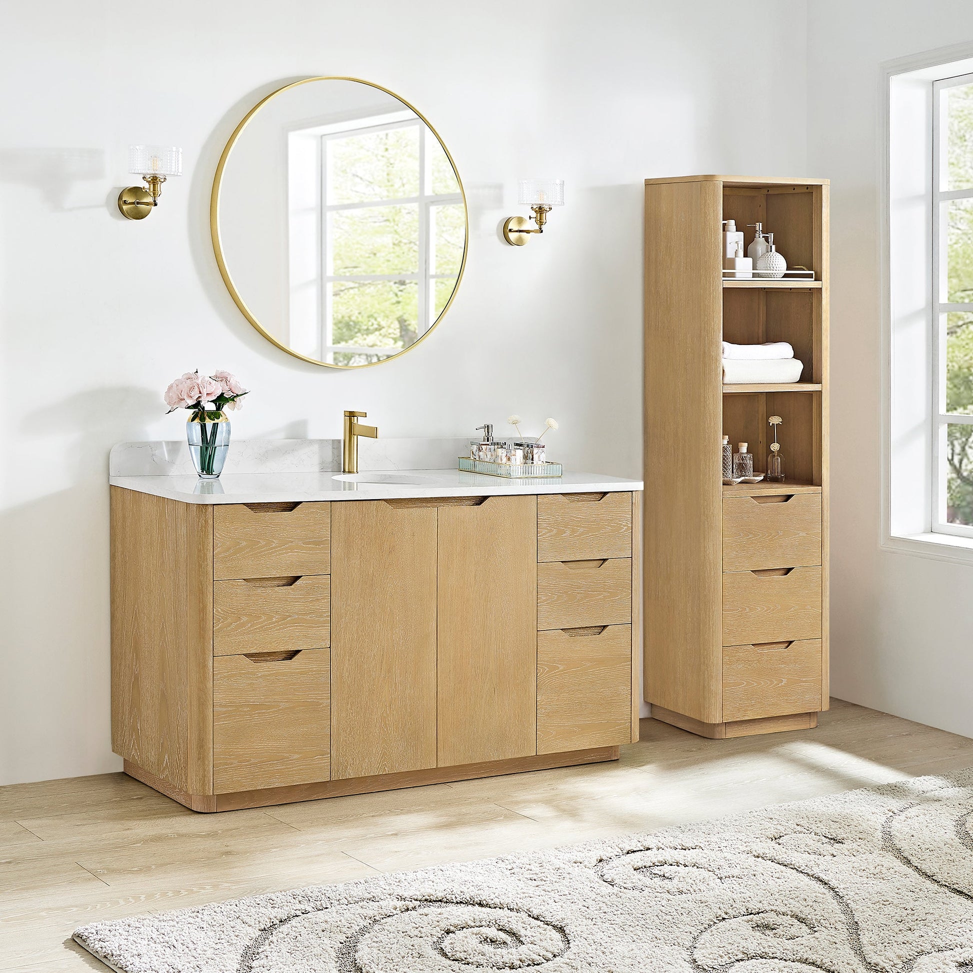 Abuja 60" Free-standing Single Bath Vanity in Washed Ash Grey with White Grain Stone Top