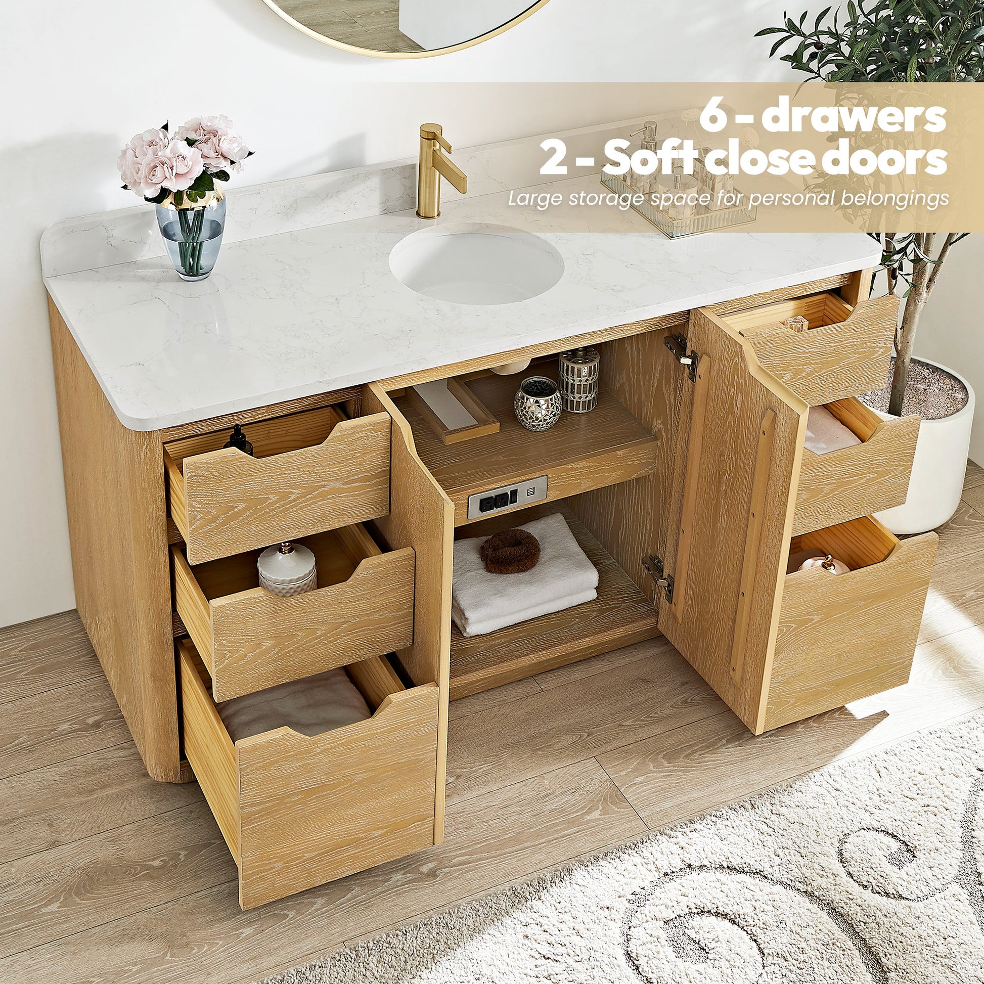 Abuja 60" Free-standing Single Bath Vanity in Washed Ash Grey with White Grain Stone Top