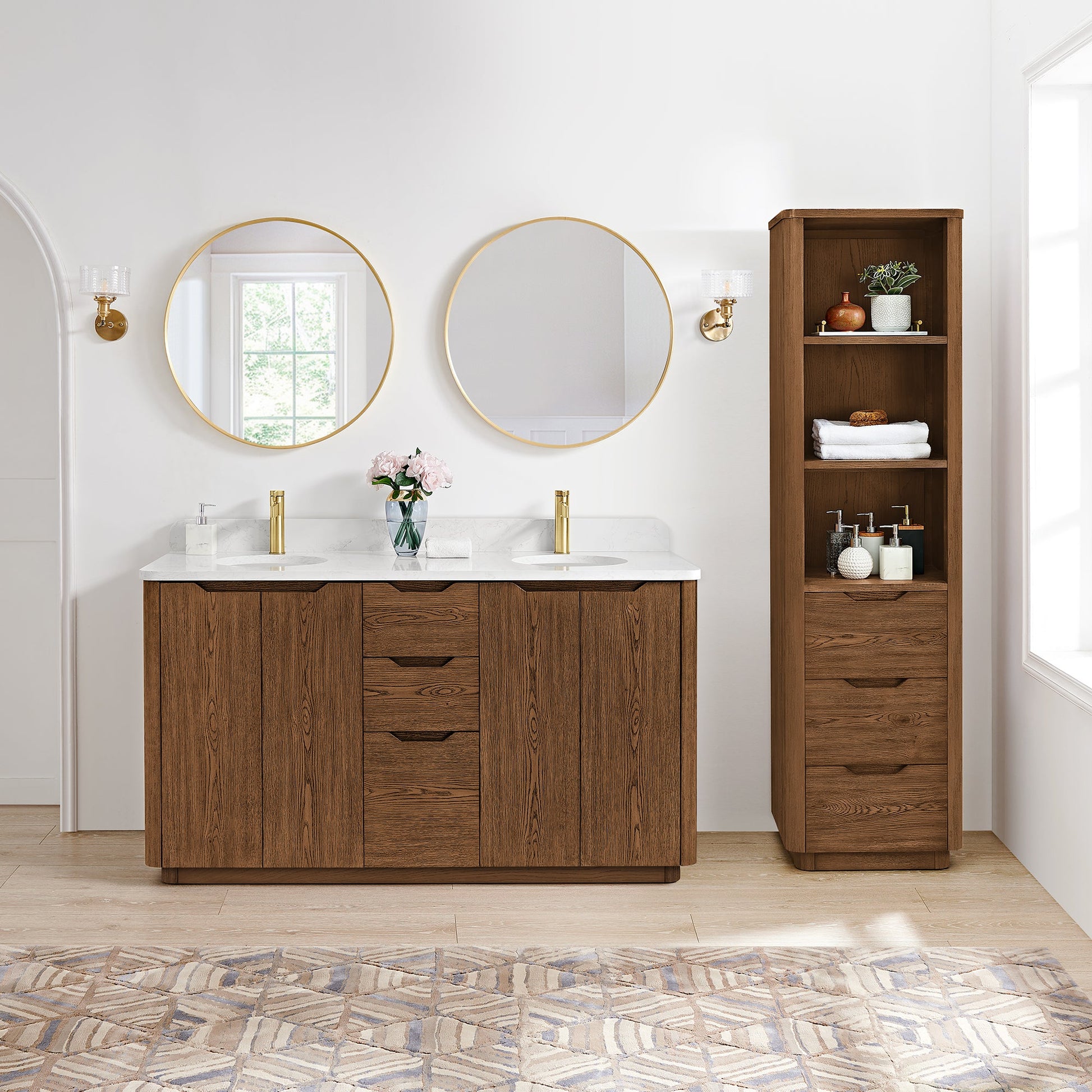 Abuja 60M" Free-standing Double Bath Vanity in Oak Weathered Brown with White Grain Stone Top