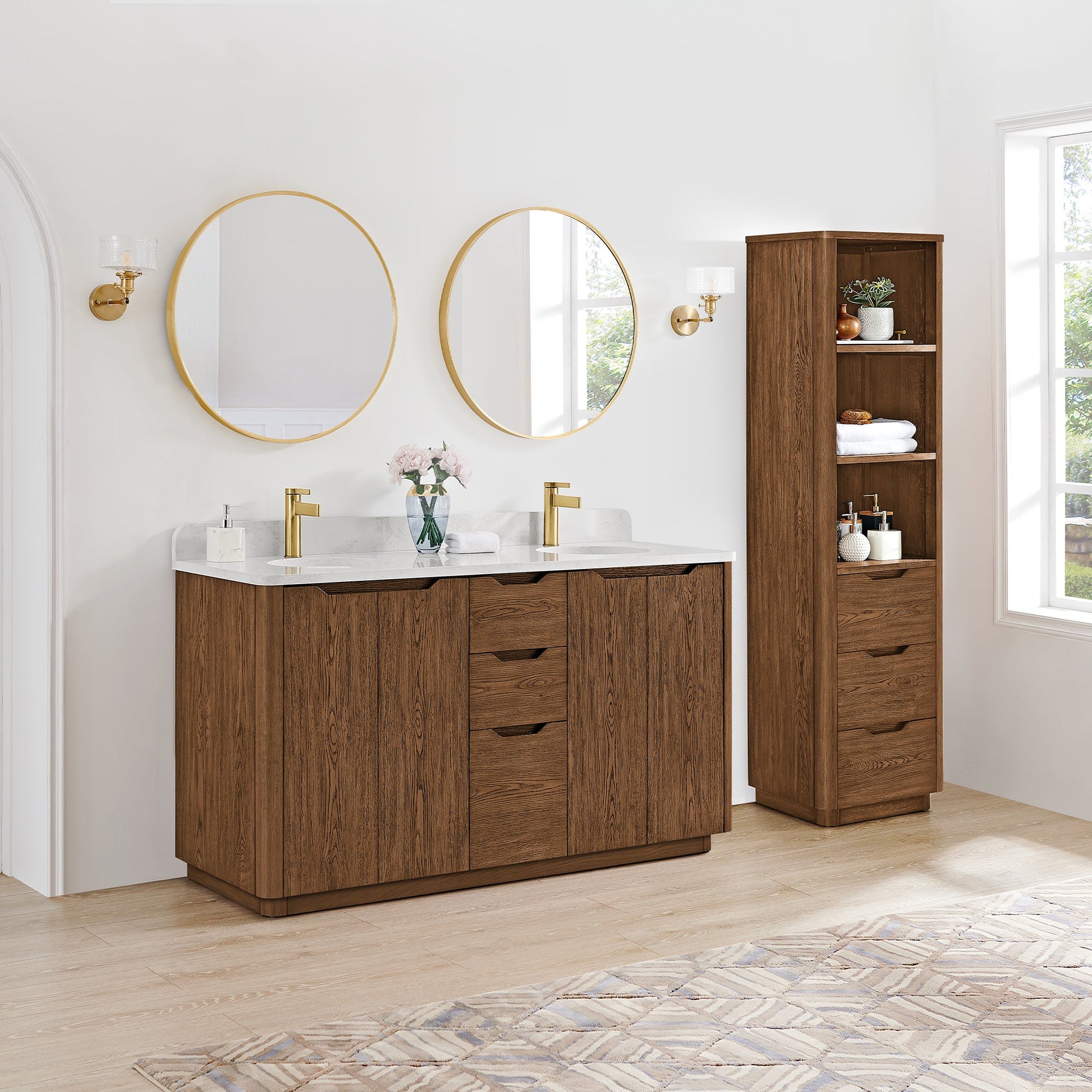 Abuja 60M" Free-standing Double Bath Vanity in Oak Weathered Brown with White Grain Stone Top