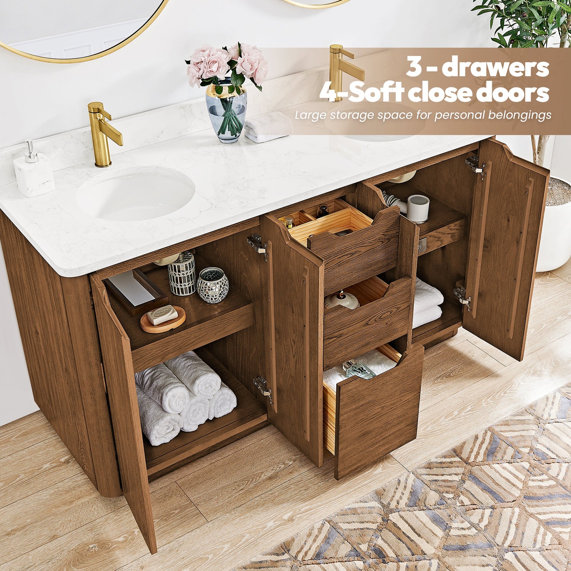 Abuja 60M" Free-standing Double Bath Vanity in Oak Weathered Brown with White Grain Stone Top