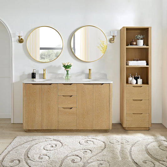 Abuja 60M" Free-standing Double Bath Vanity in Washed Ash Grey with White Grain Stone Top