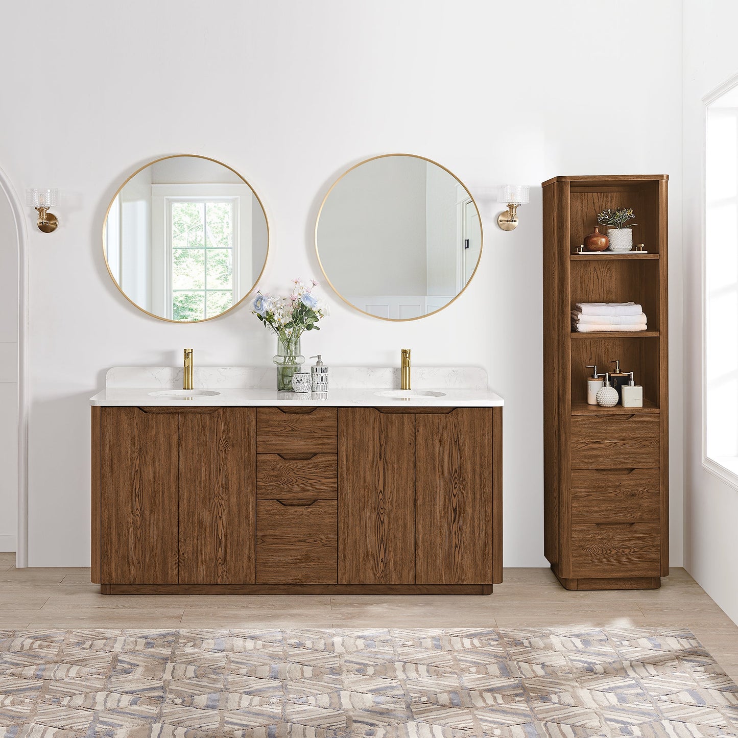Abuja 72" Free-standing Double Bath Vanity in Oak Weathered Brown with White Grain Stone Top