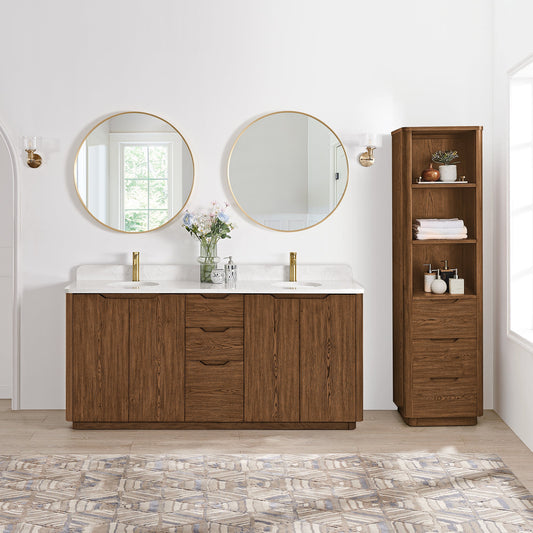 Abuja 72" Free-standing Double Bath Vanity in Oak Weathered Brown with White Grain Stone Top