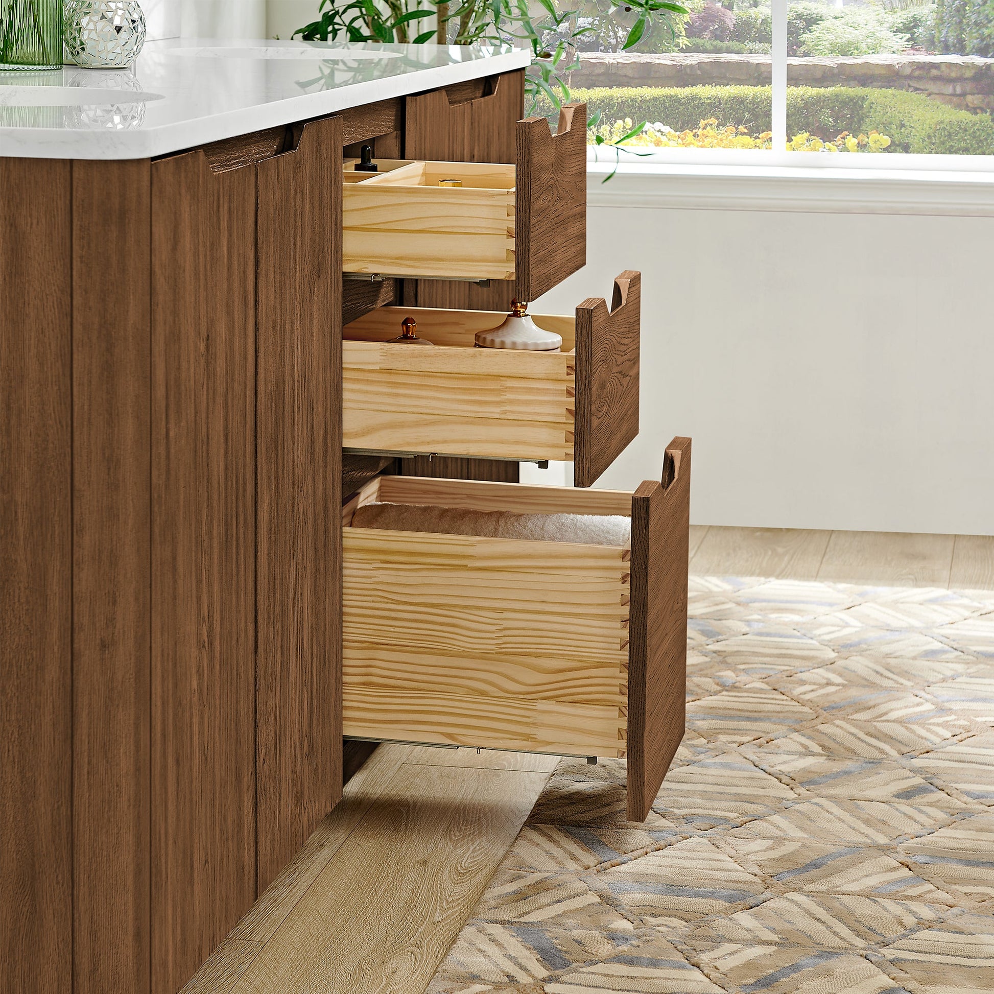 Abuja 72" Free-standing Double Bath Vanity in Oak Weathered Brown with White Grain Stone Top