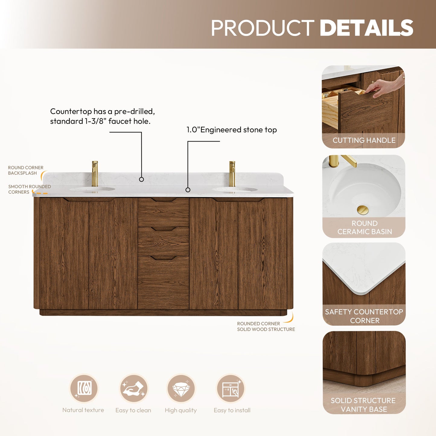 Abuja 72" Free-standing Double Bath Vanity in Oak Weathered Brown with White Grain Stone Top