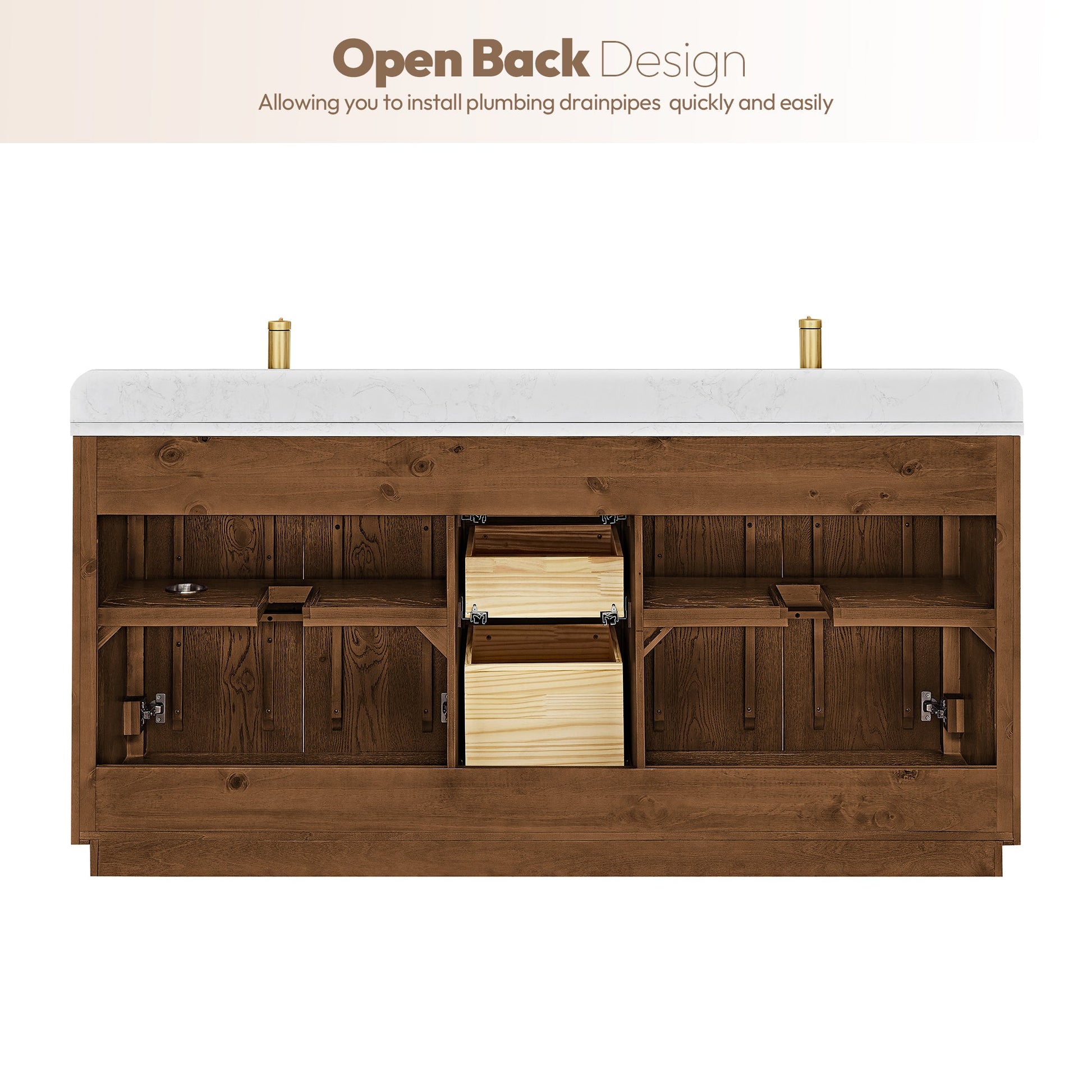 Abuja 72" Free-standing Double Bath Vanity in Oak Weathered Brown with White Grain Stone Top