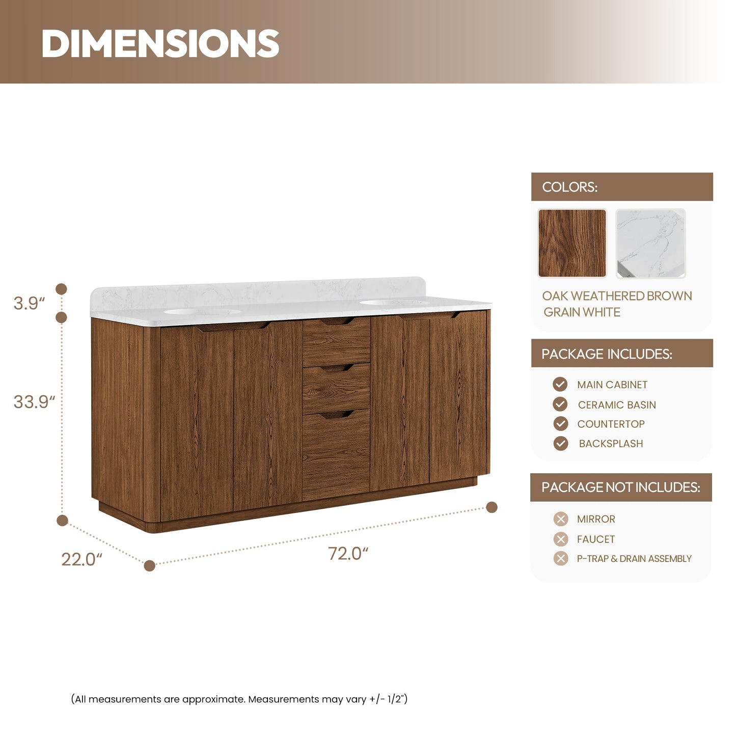 Abuja 72" Free-standing Double Bath Vanity in Oak Weathered Brown with White Grain Stone Top
