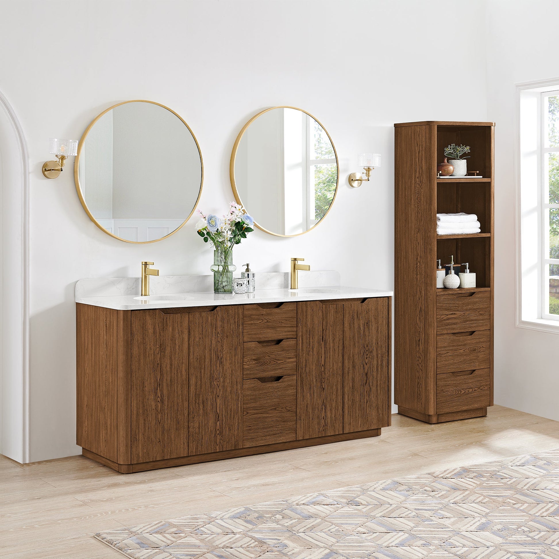 Abuja 72" Free-standing Double Bath Vanity in Oak Weathered Brown with White Grain Stone Top