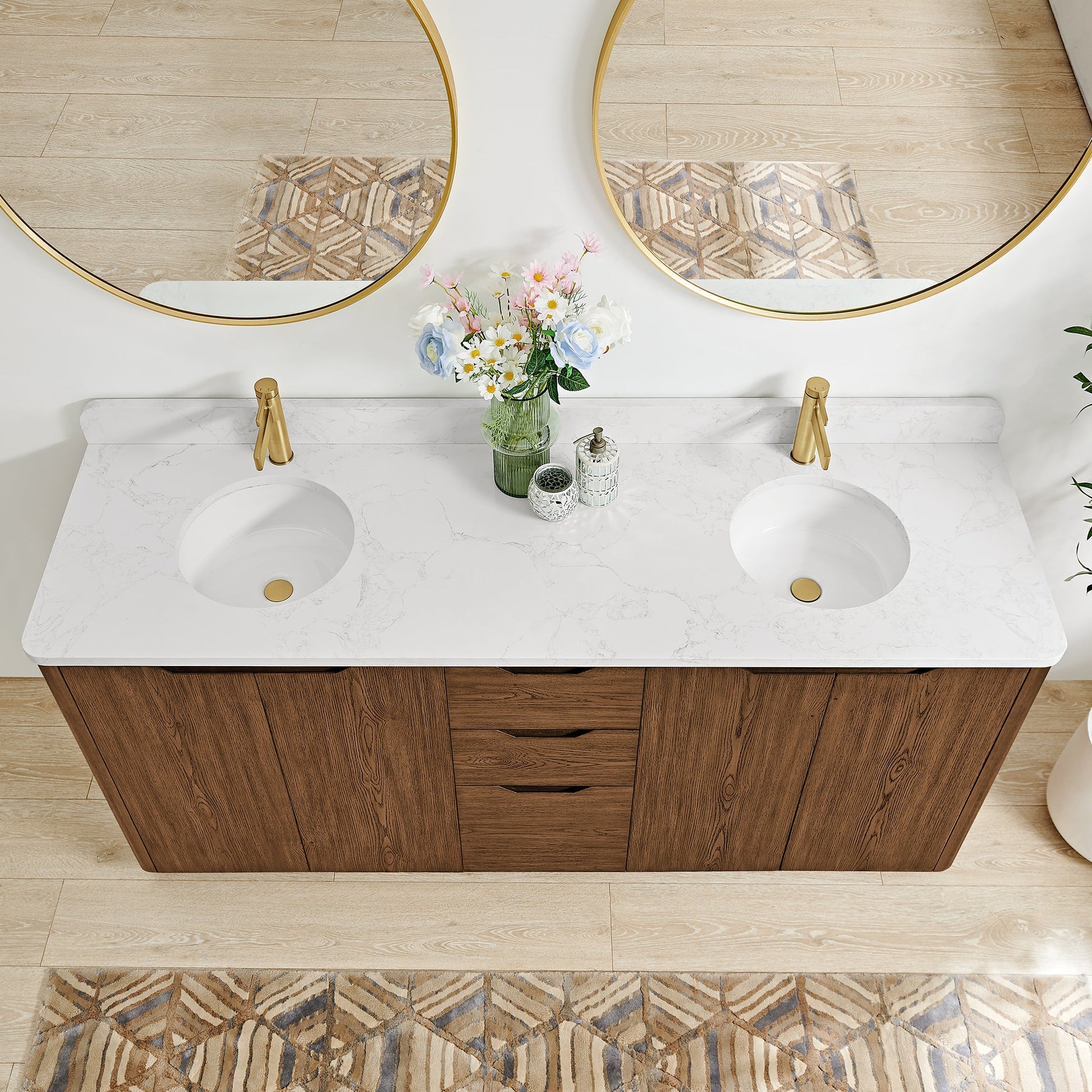 Abuja 72" Free-standing Double Bath Vanity in Oak Weathered Brown with White Grain Stone Top