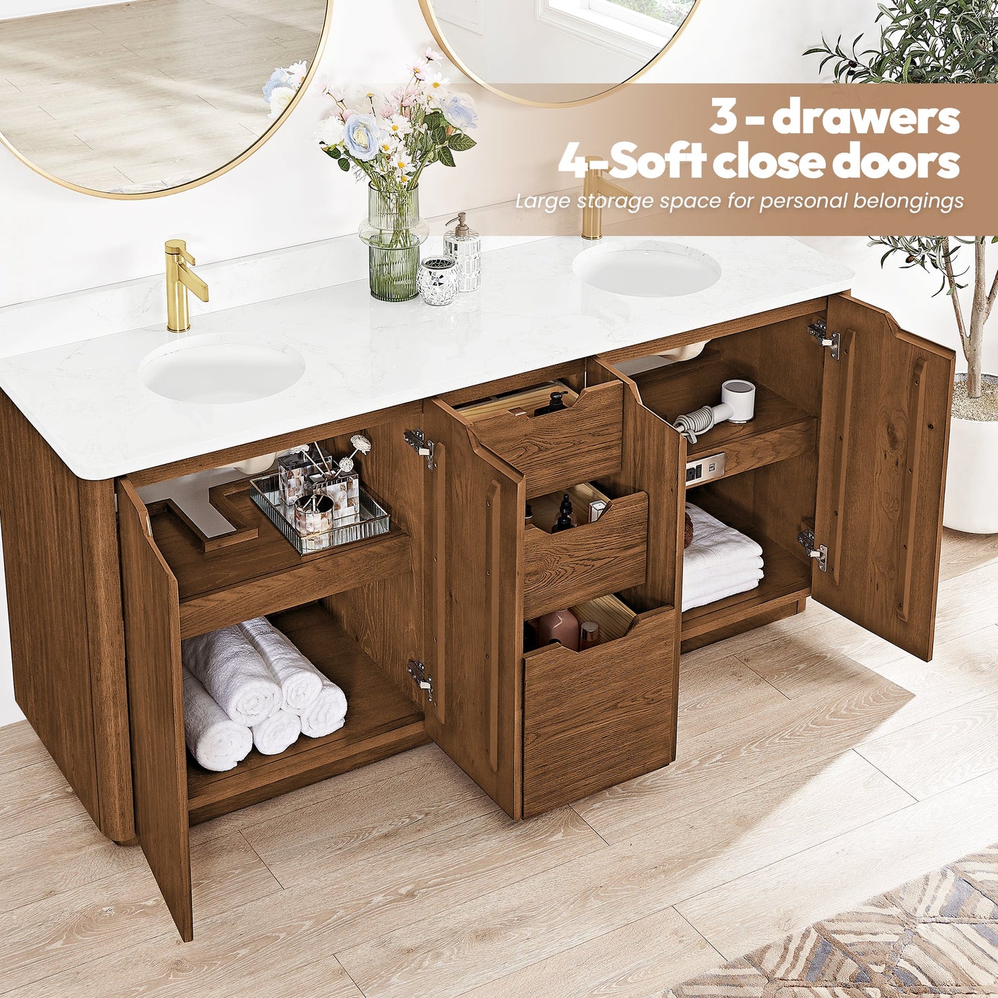 Abuja 72" Free-standing Double Bath Vanity in Oak Weathered Brown with White Grain Stone Top