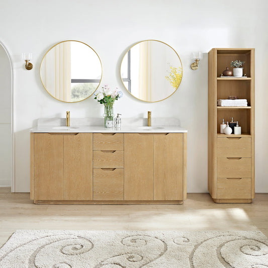 Abuja 72" Free-standing Double Bath Vanity in Washed Ash Grey with White Grain Stone Top