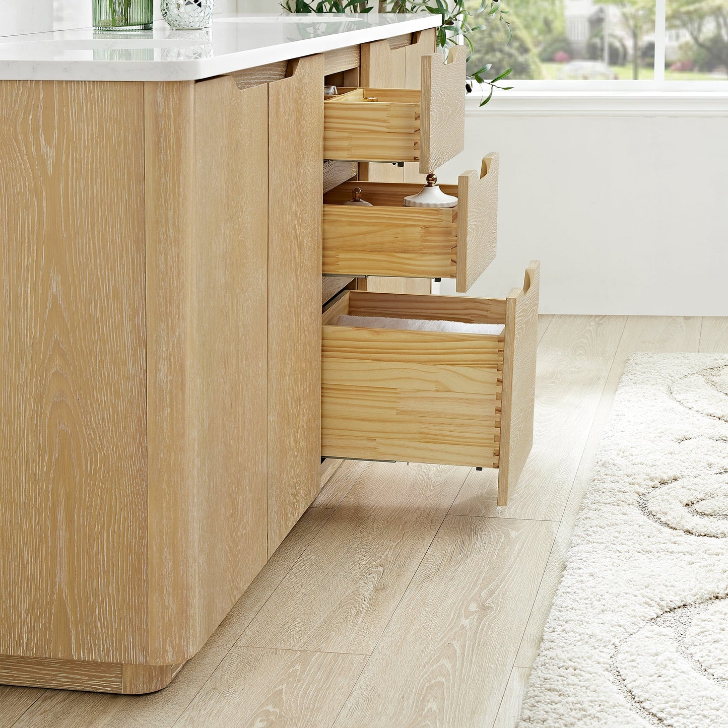 Abuja 72" Free-standing Double Bath Vanity in Washed Ash Grey with White Grain Stone Top