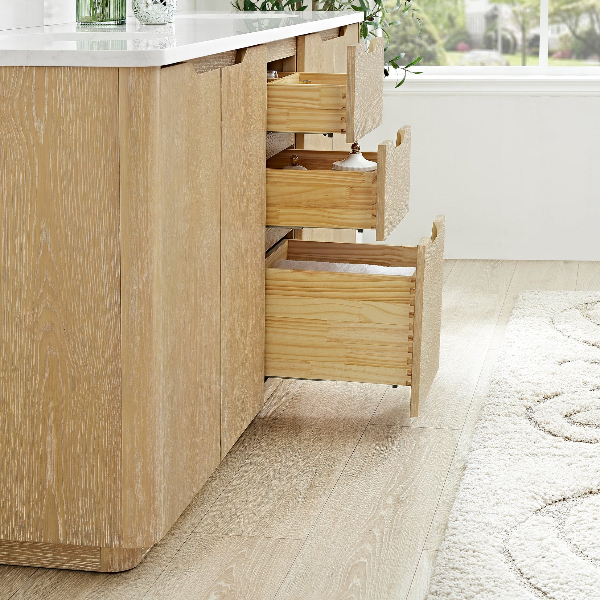 Abuja 72" Free-standing Double Bath Vanity in Washed Ash Grey with White Grain Stone Top