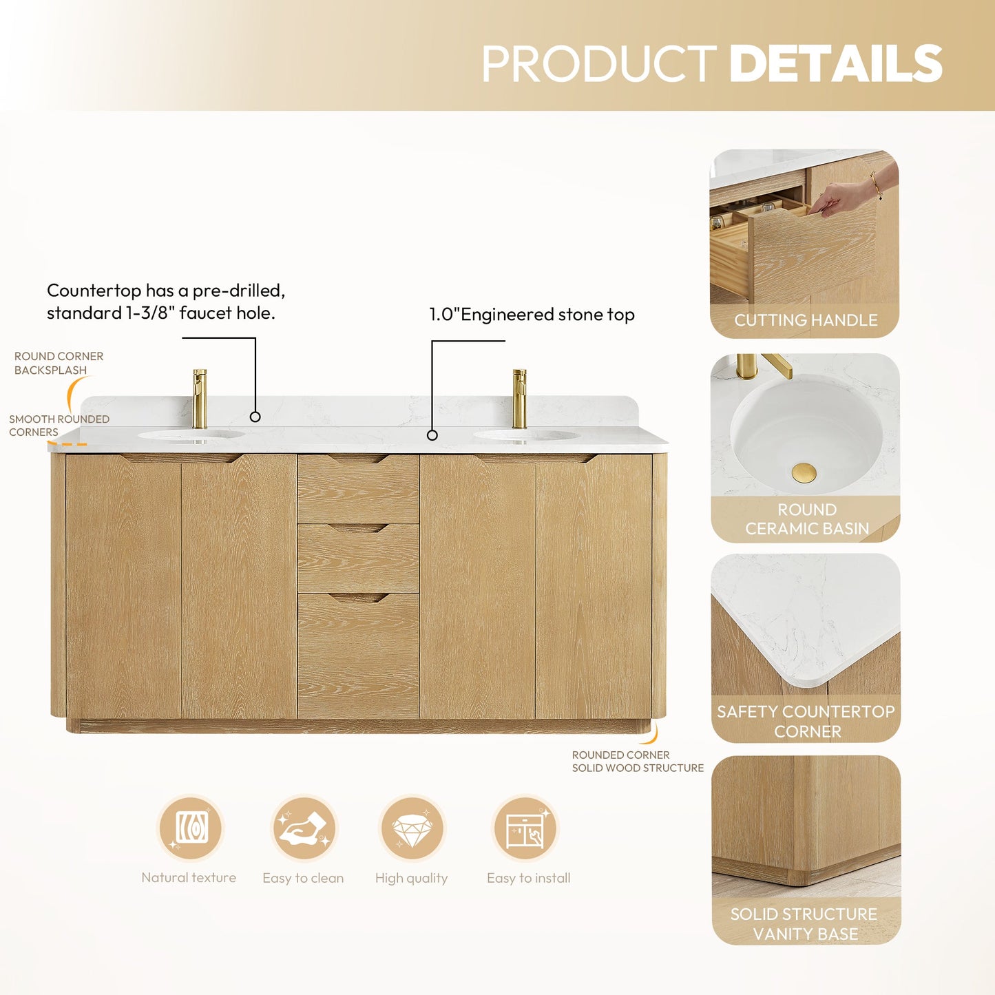Abuja 72" Free-standing Double Bath Vanity in Washed Ash Grey with White Grain Stone Top