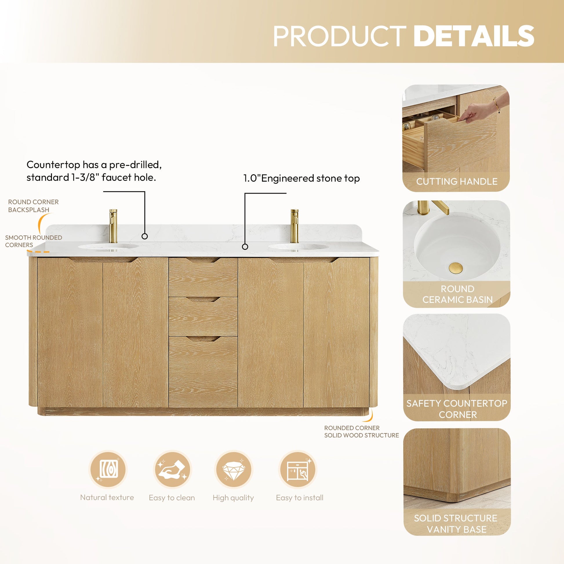 Abuja 72" Free-standing Double Bath Vanity in Washed Ash Grey with White Grain Stone Top