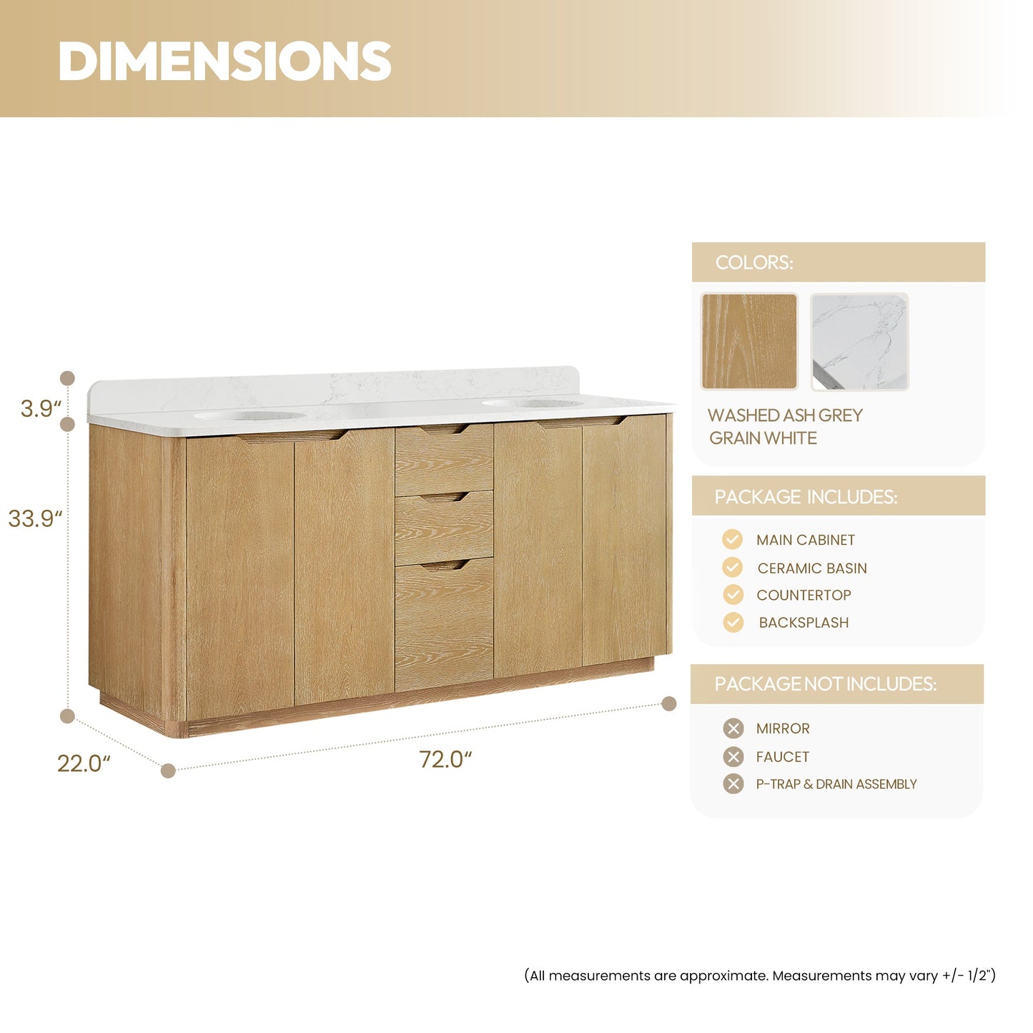 Abuja 72" Free-standing Double Bath Vanity in Washed Ash Grey with White Grain Stone Top