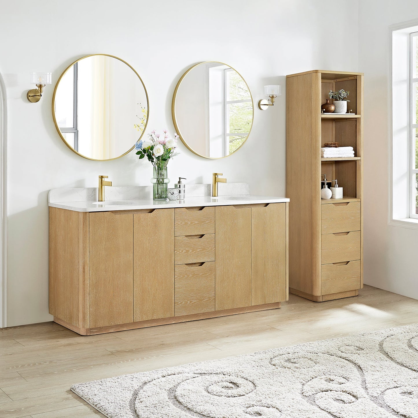 Abuja 72" Free-standing Double Bath Vanity in Washed Ash Grey with White Grain Stone Top