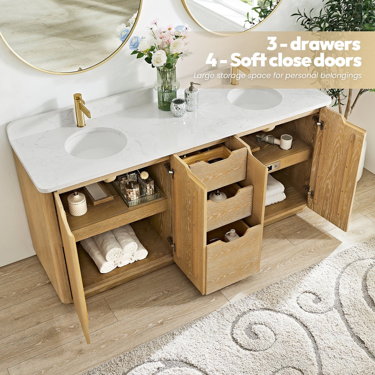 Abuja 72" Free-standing Double Bath Vanity in Washed Ash Grey with White Grain Stone Top