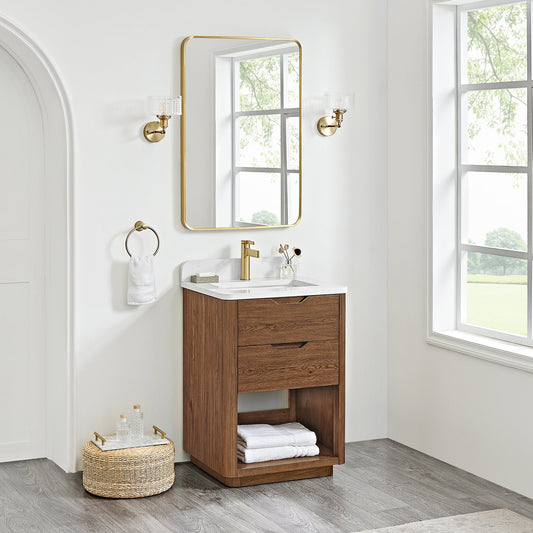 Harbin 24" Free-standing Single Bath Vanity in Oak Weathered Brown with White Grain Stone Top
