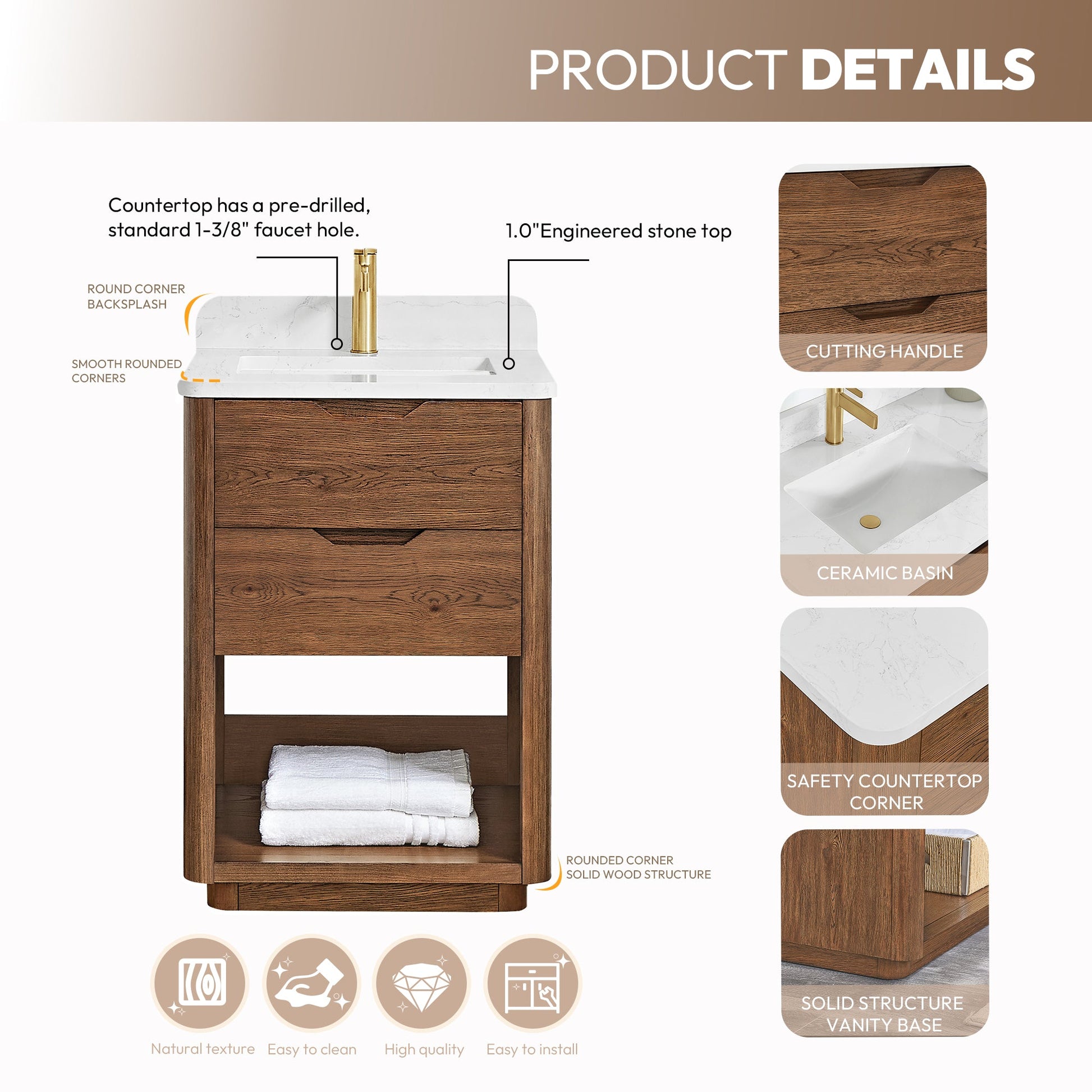 Harbin 24" Free-standing Single Bath Vanity in Oak Weathered Brown with White Grain Stone Top