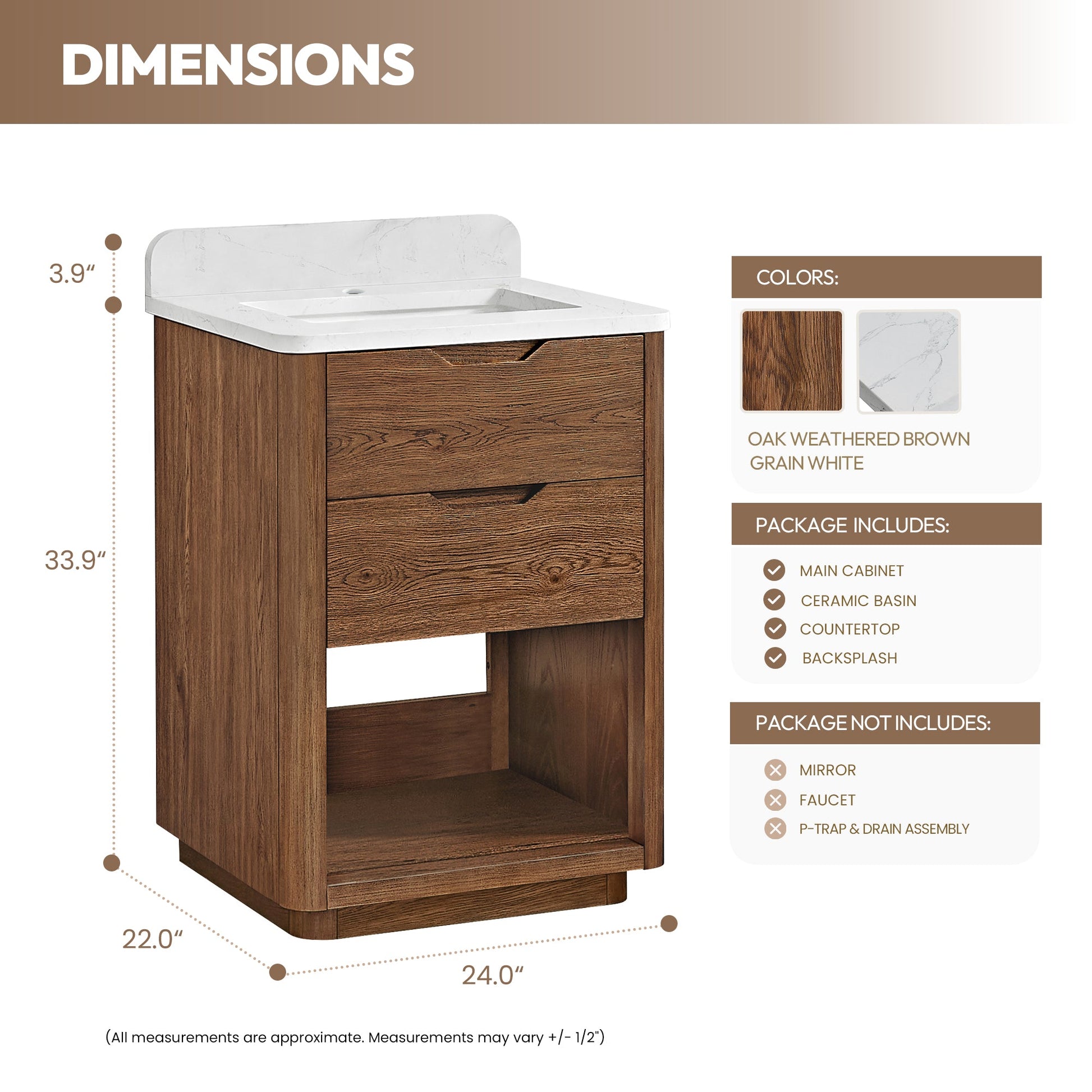Harbin 24" Free-standing Single Bath Vanity in Oak Weathered Brown with White Grain Stone Top