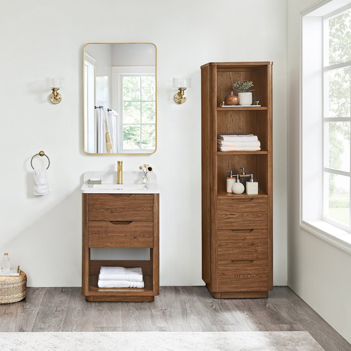 Harbin 24" Free-standing Single Bath Vanity in Oak Weathered Brown with White Grain Stone Top