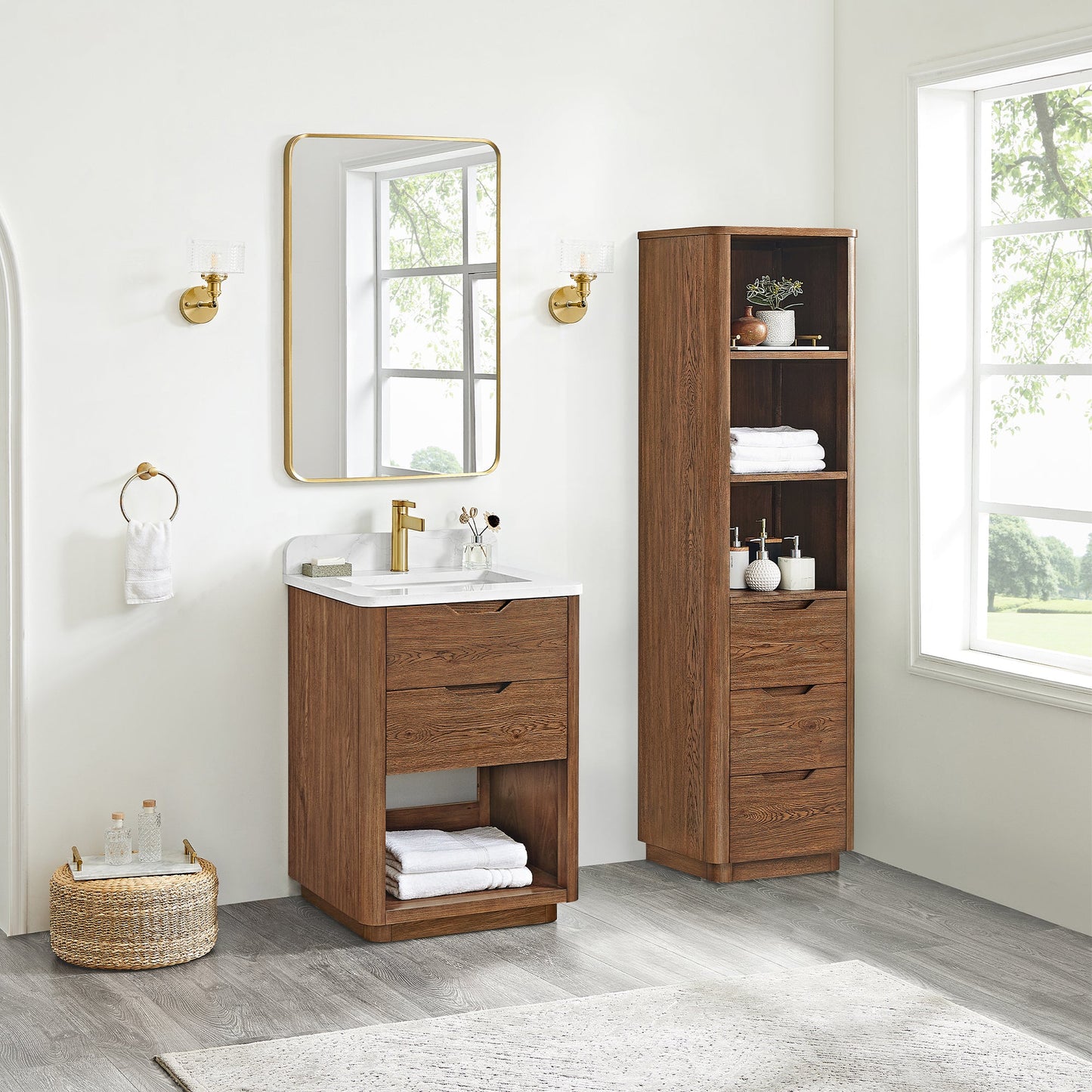 Harbin 24" Free-standing Single Bath Vanity in Oak Weathered Brown with White Grain Stone Top