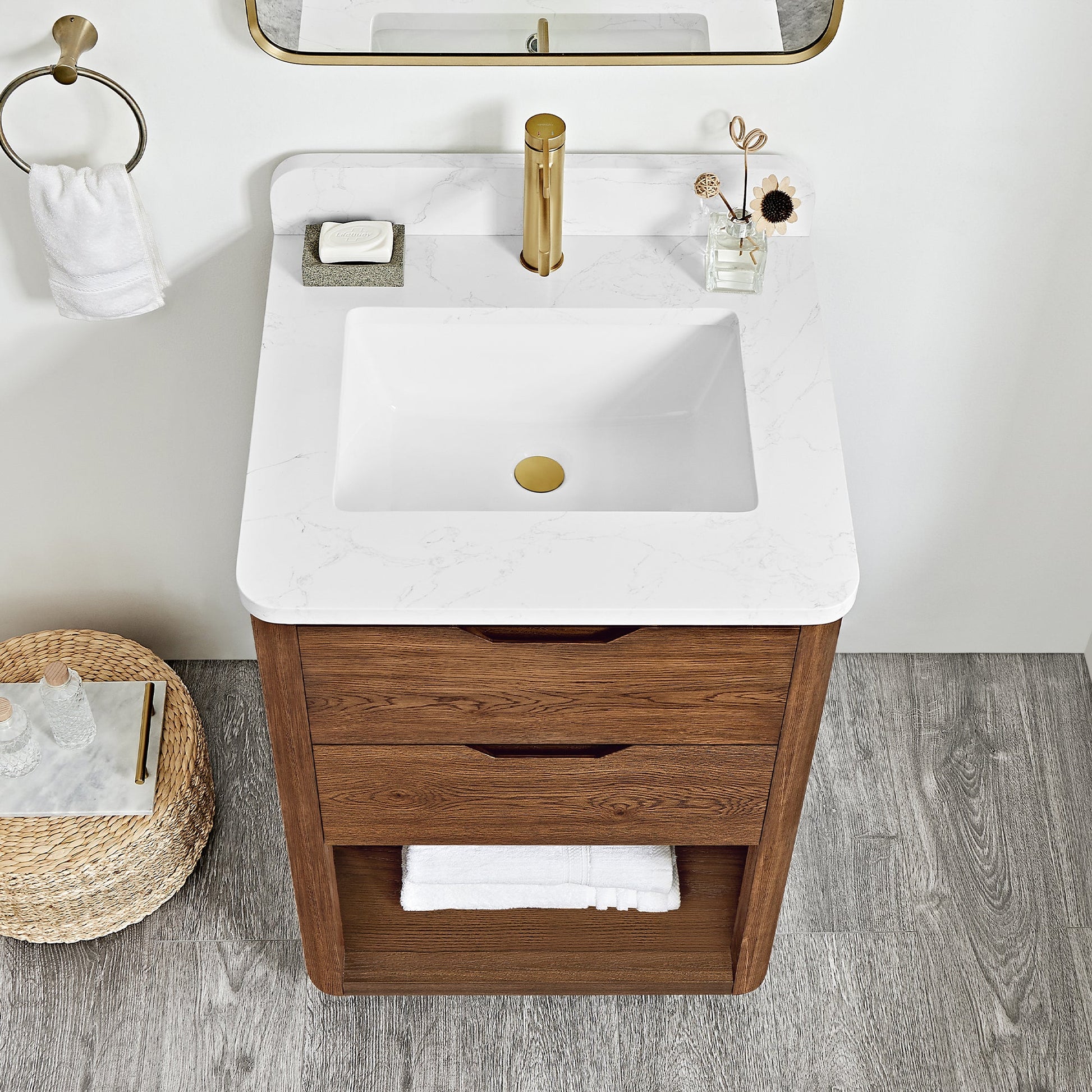 Harbin 24" Free-standing Single Bath Vanity in Oak Weathered Brown with White Grain Stone Top