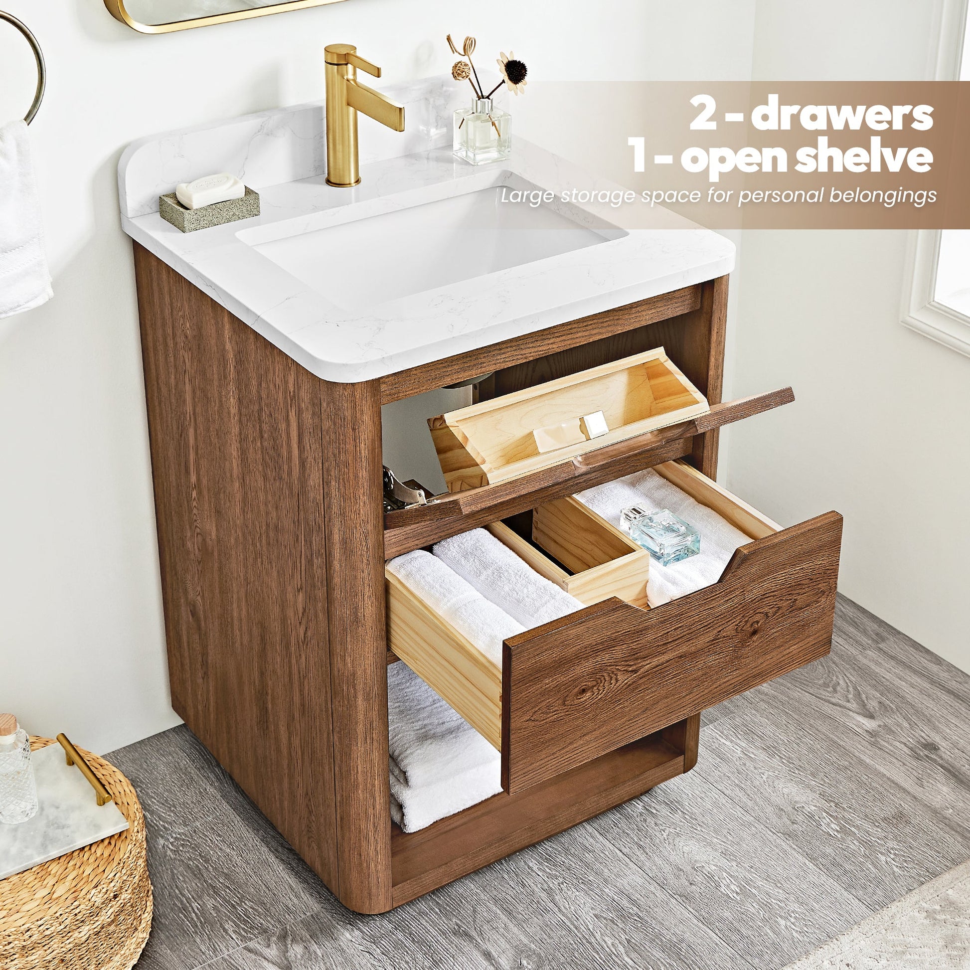Harbin 24" Free-standing Single Bath Vanity in Oak Weathered Brown with White Grain Stone Top