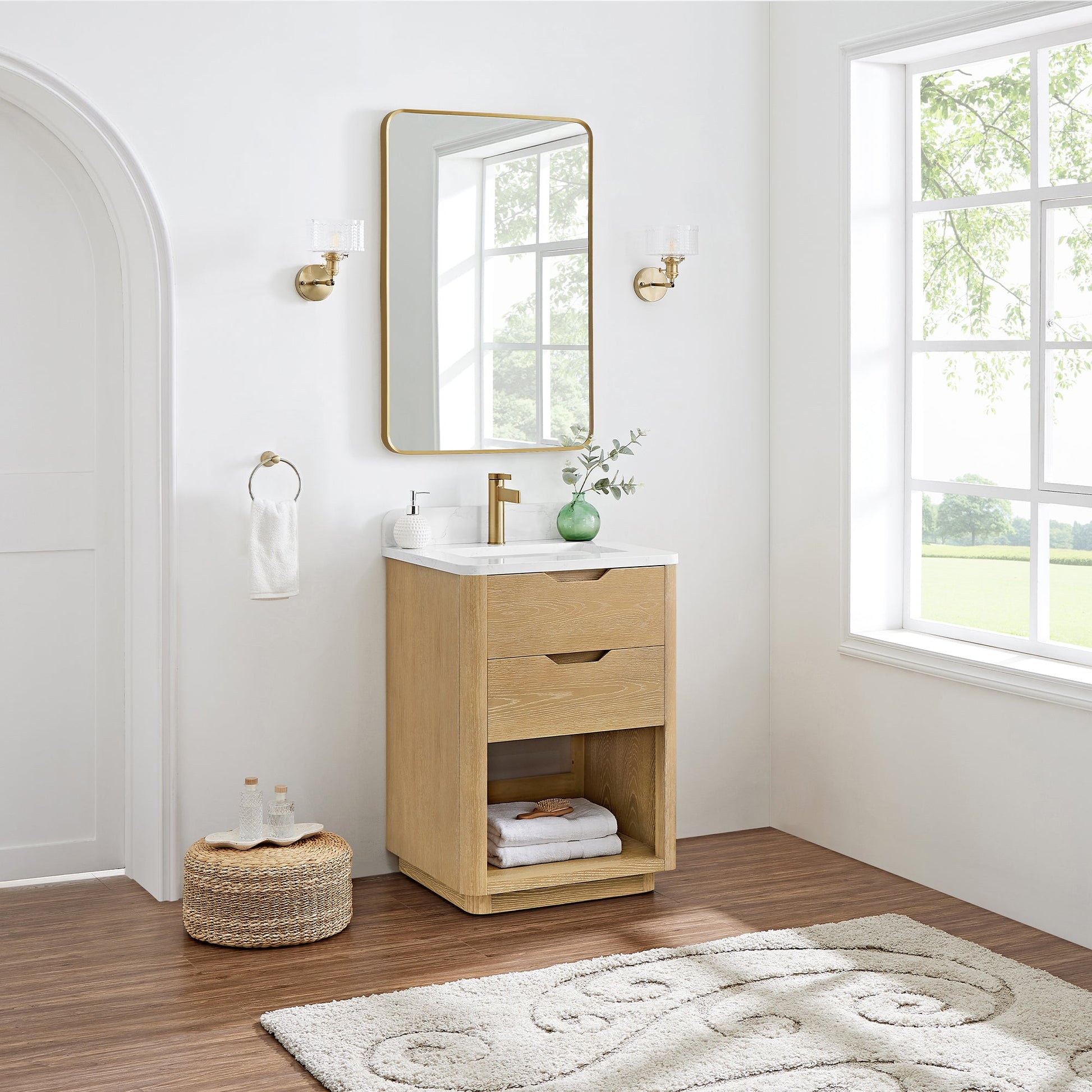 Harbin 24" Free-standing Single Bath Vanity in Washed Ash Grey with White Grain Stone Top