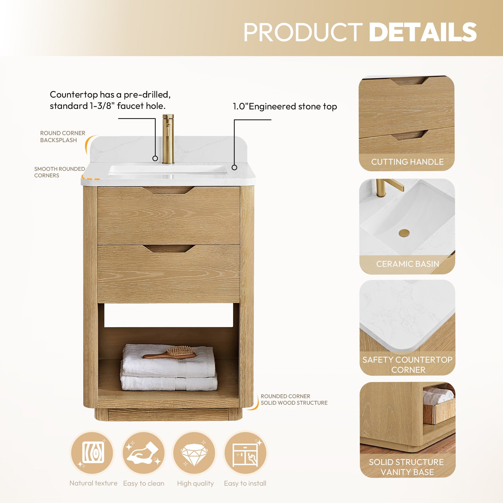 Harbin 24" Free-standing Single Bath Vanity in Washed Ash Grey with White Grain Stone Top